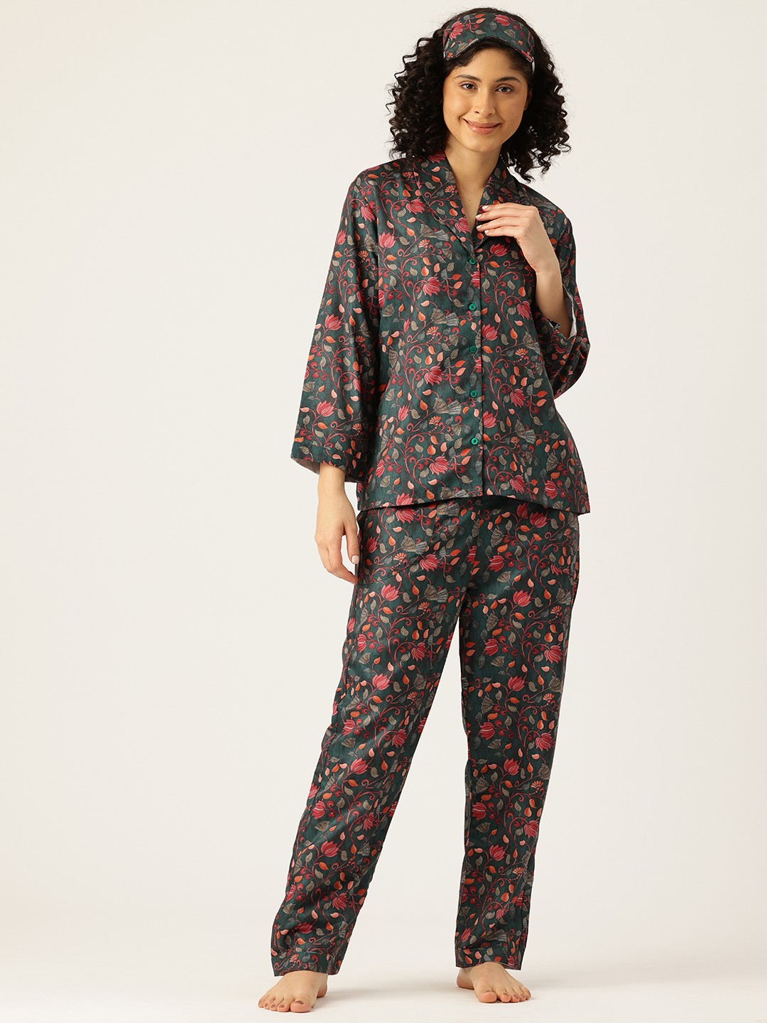 

bedgasm Floral Printed Night Suit With Eye Mask, Black
