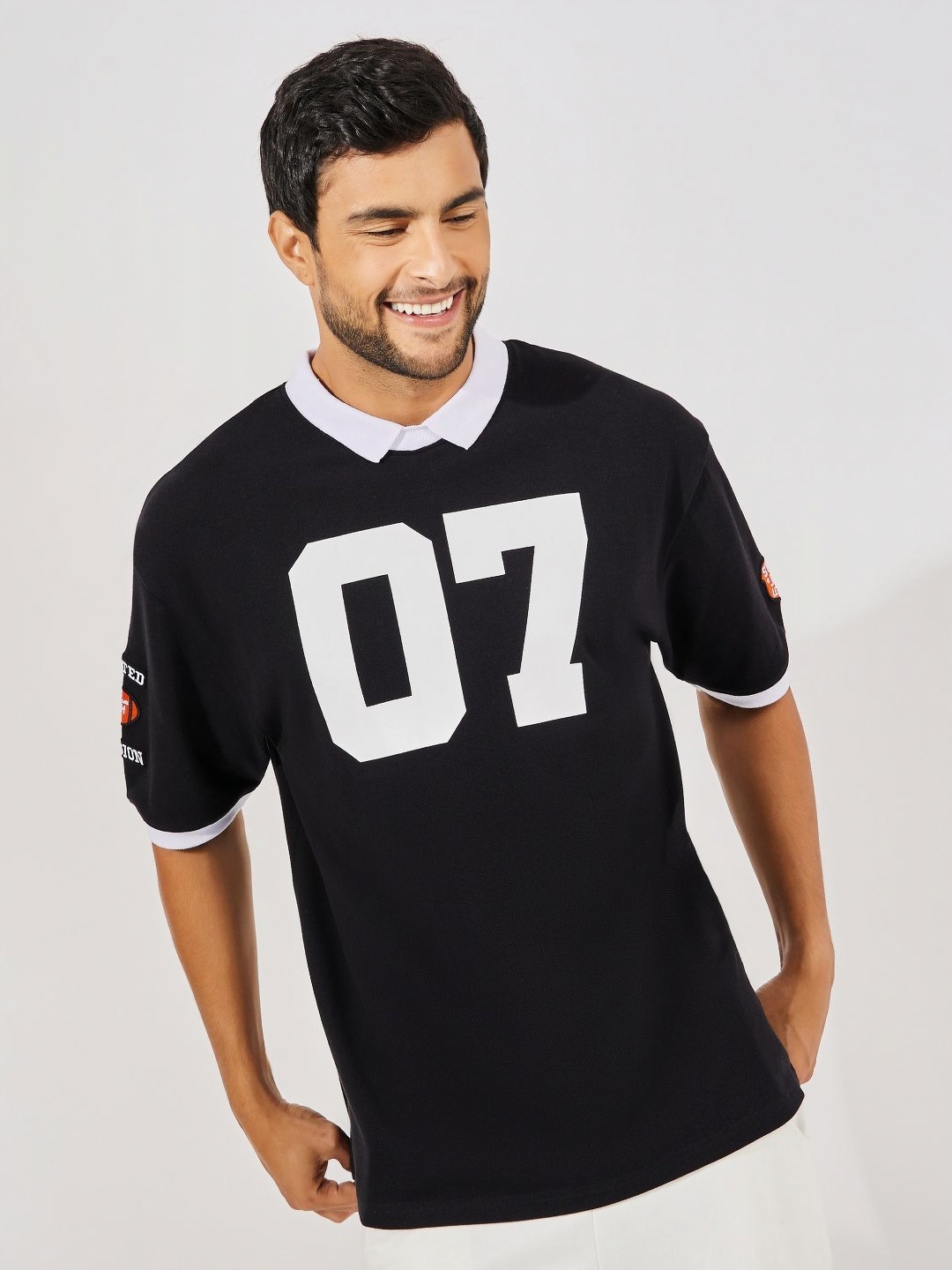 Styli Men Premium Heavy Pique Knit Varsity Printed Oversized Polo T-shirt, Black