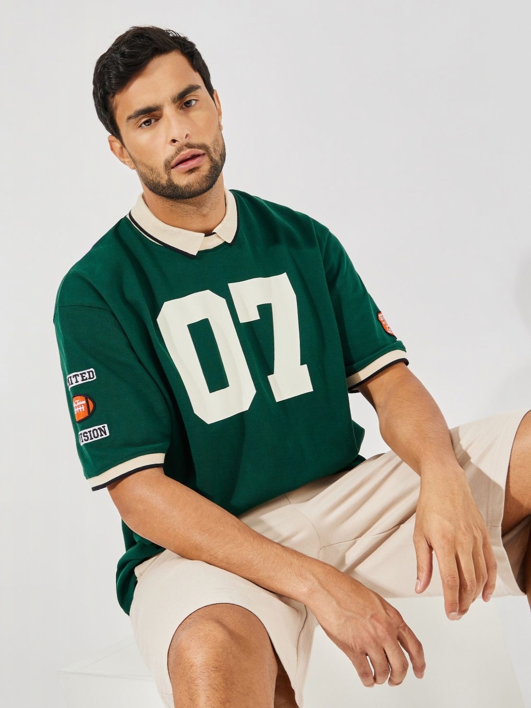 

Styli Men Premium Heavy Pique Knit Varsity Printed Oversized Polo T-shirt, Green