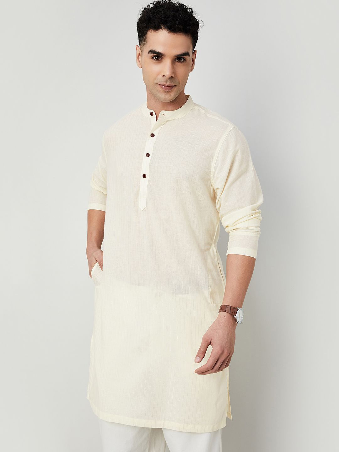 

Melange by Lifestyle Striped Band Collar Cotton Straight Kurta, Off white