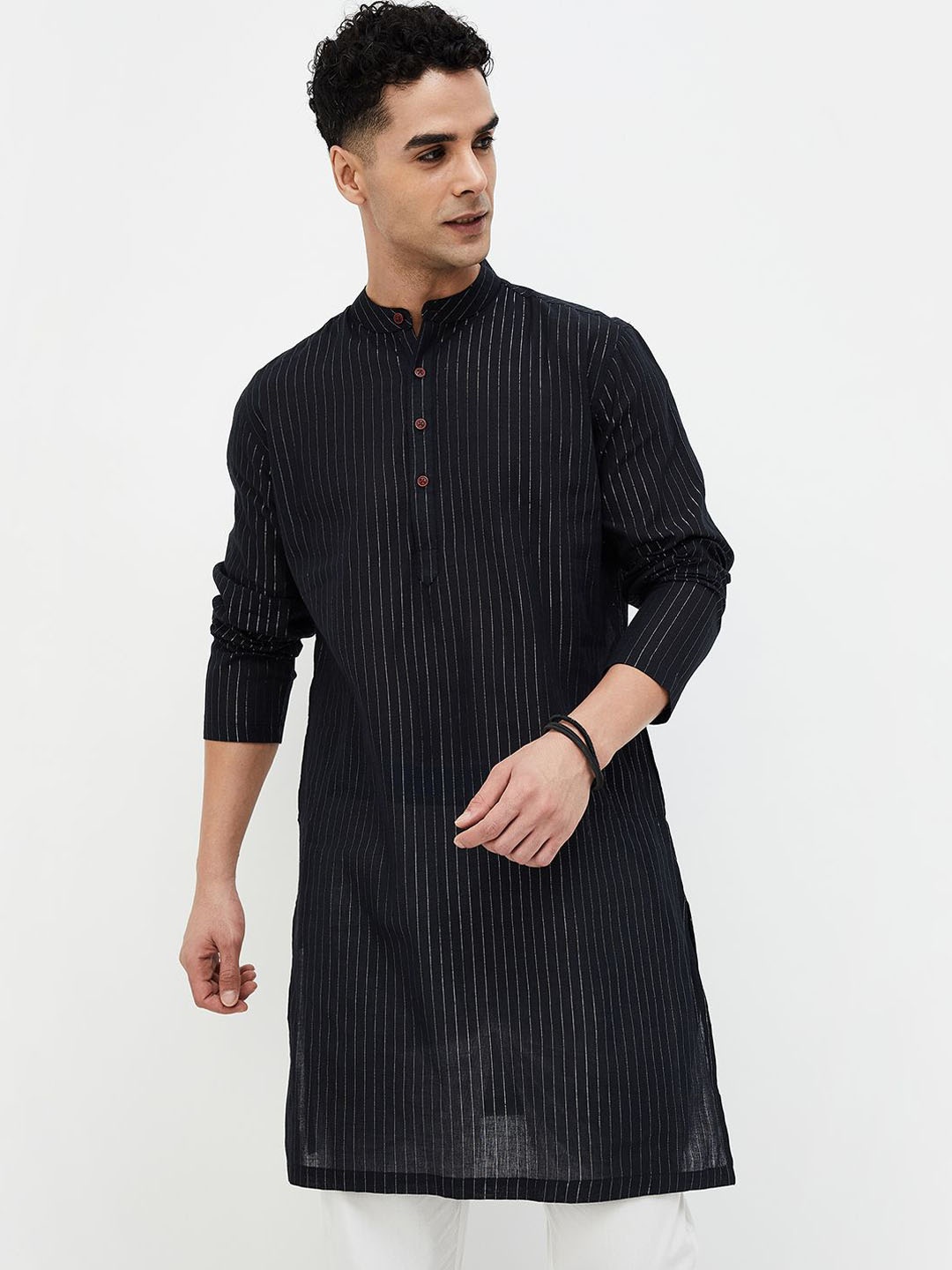 

Melange by Lifestyle Striped Band Collar Thread Work Cotton Straight Kurta, Black