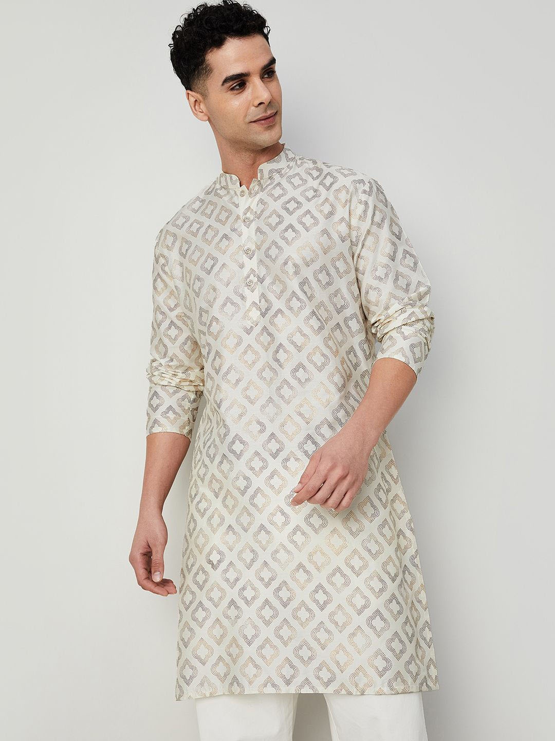 

Melange by Lifestyle Mukaish Embellished Mandarin Collar Straight Kurta, Off white