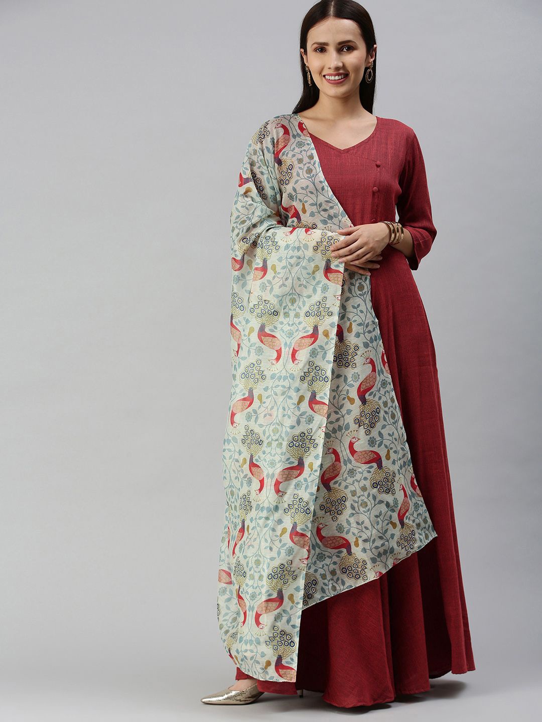 

Swishchick Fit and Flare Ethnic Dress With Printed Dupatta, Maroon