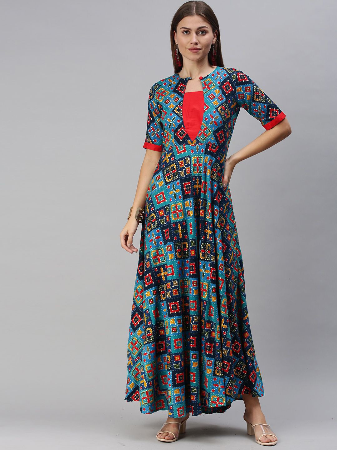 

Swishchick Bandhani Printed Keyhole Neck Fit and Flare Maxi Ethnic Dress, Blue
