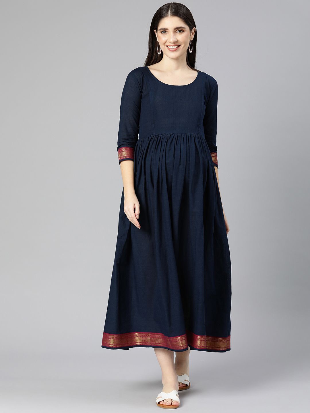 

Swishchick Round Neck Cotton Maternity A-Line Midi Dress, Blue