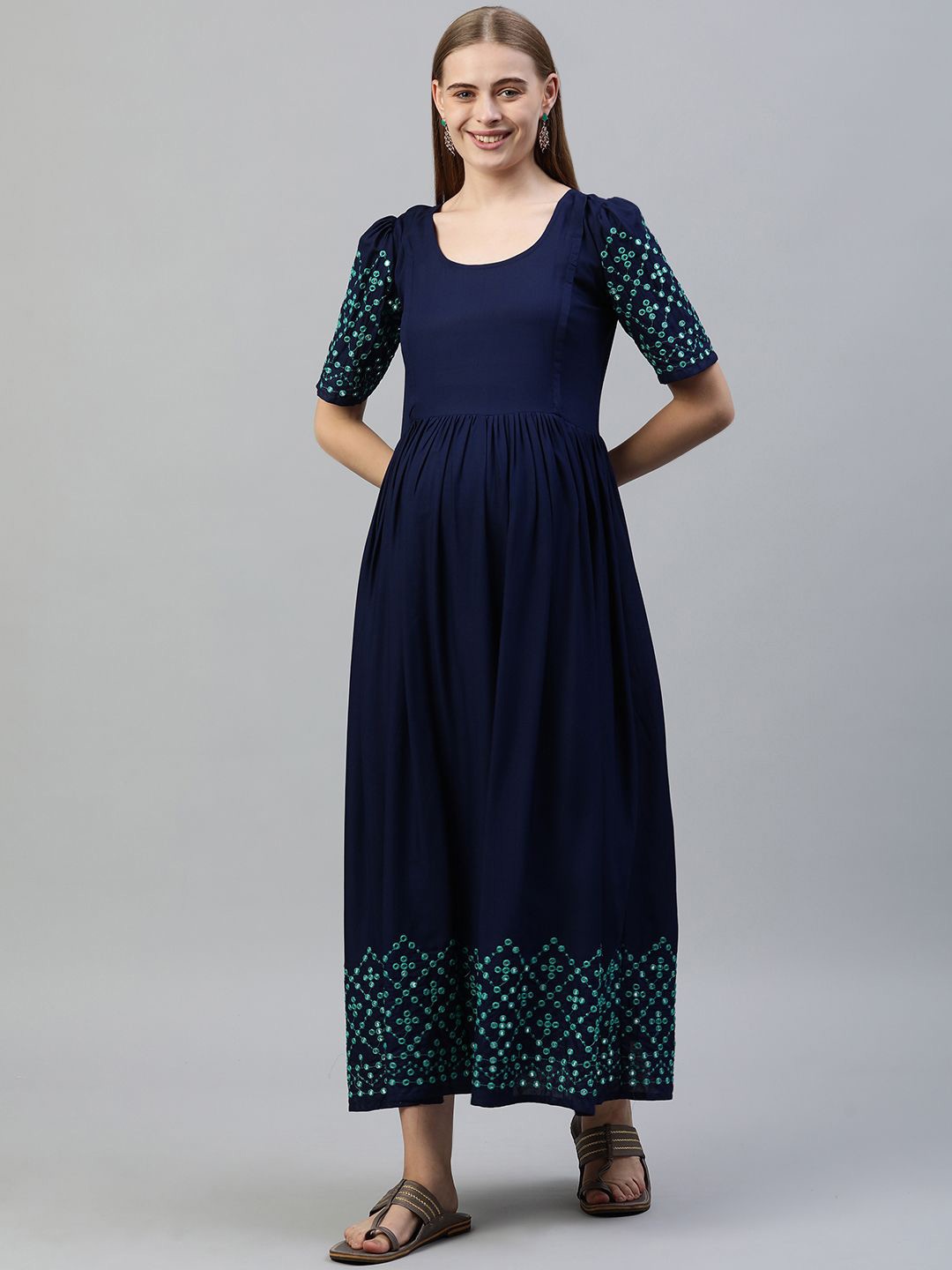 

Swishchick Mirror work Maternity Maxi Dress, Navy blue