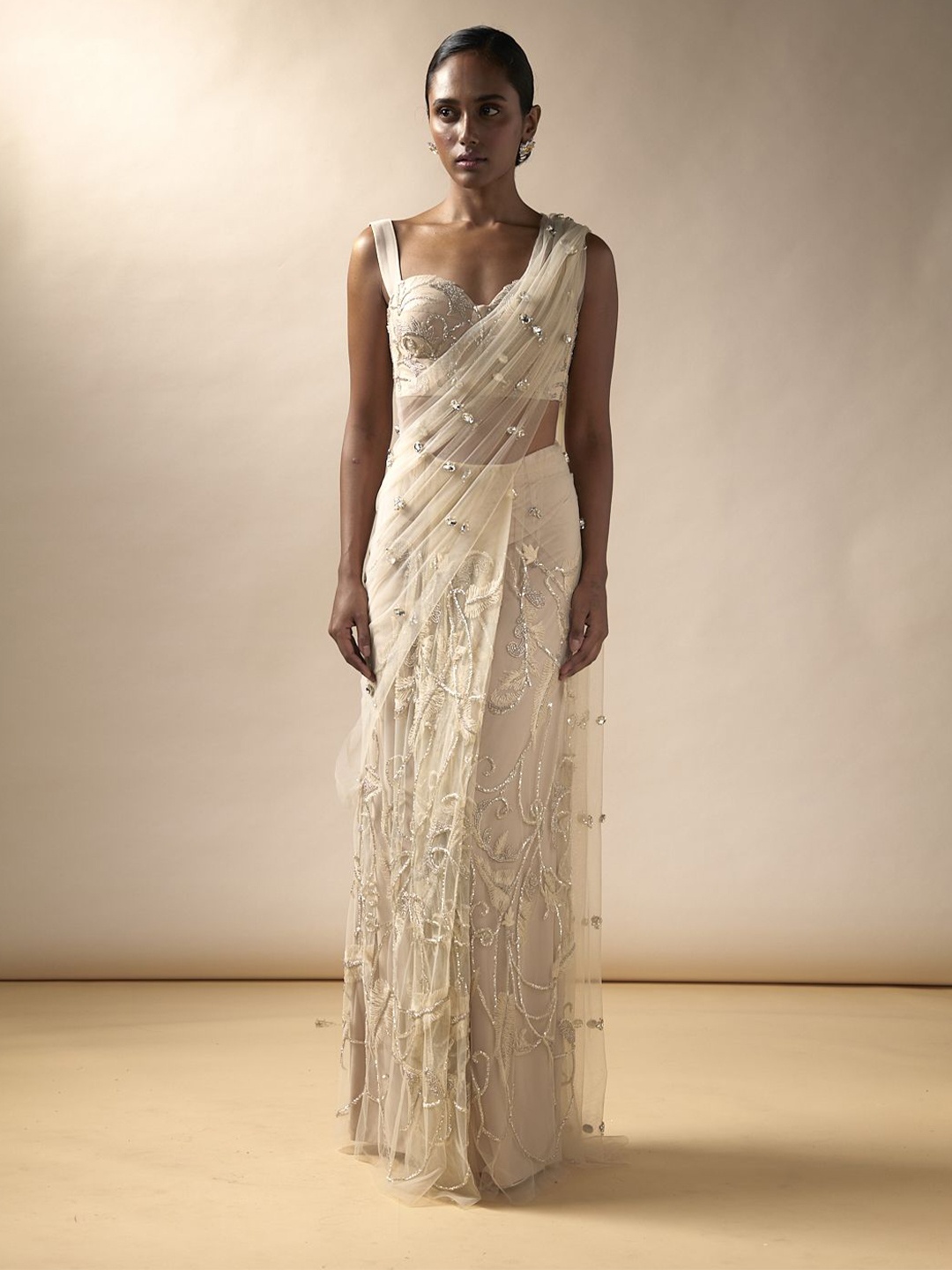 

ESHA SETHI THIRANI Embellished Beads and Stones Net Saree, Champagne