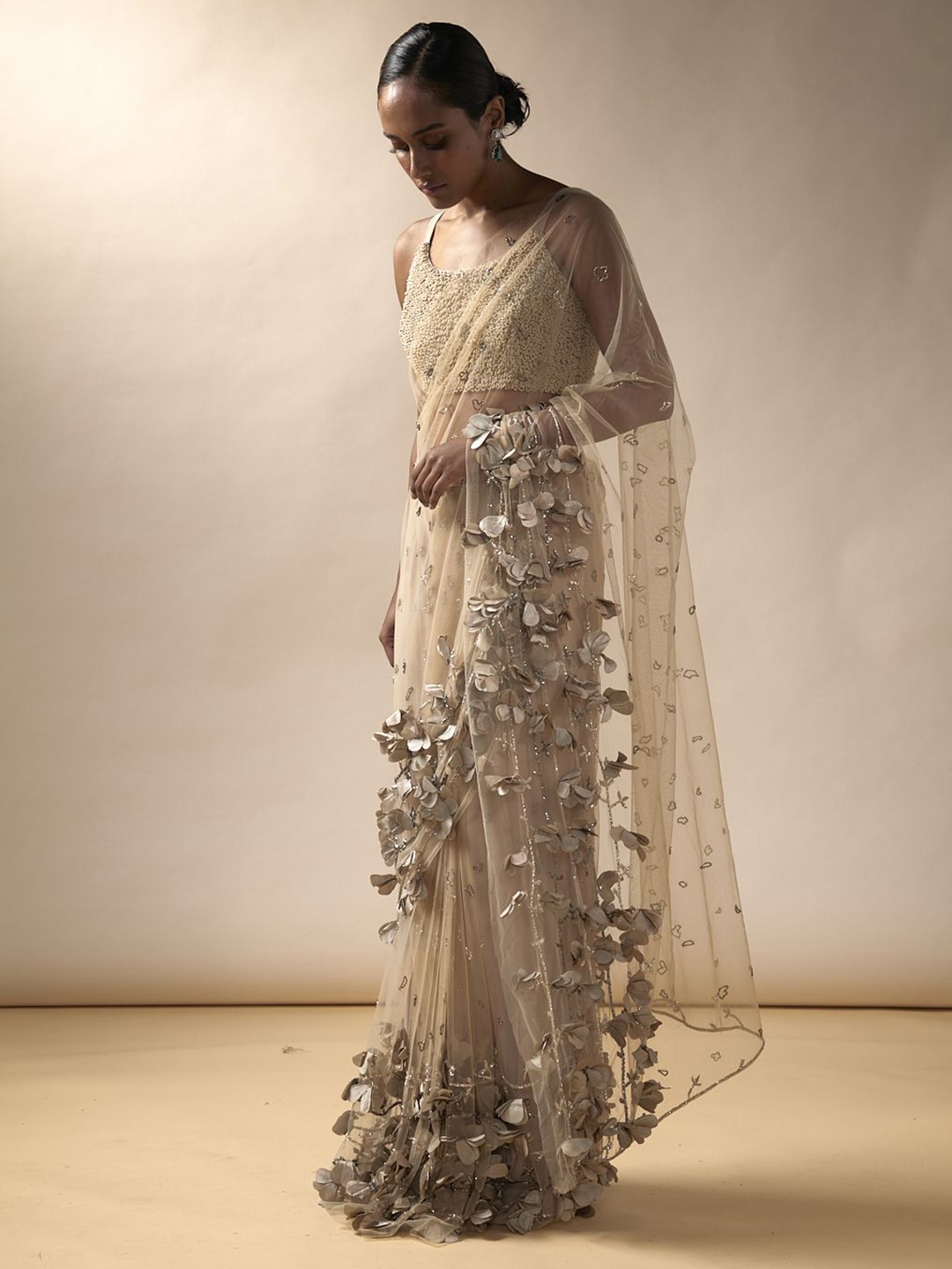 

ESHA SETHI THIRANI Embellished Net Ready to Wear Saree, Nude