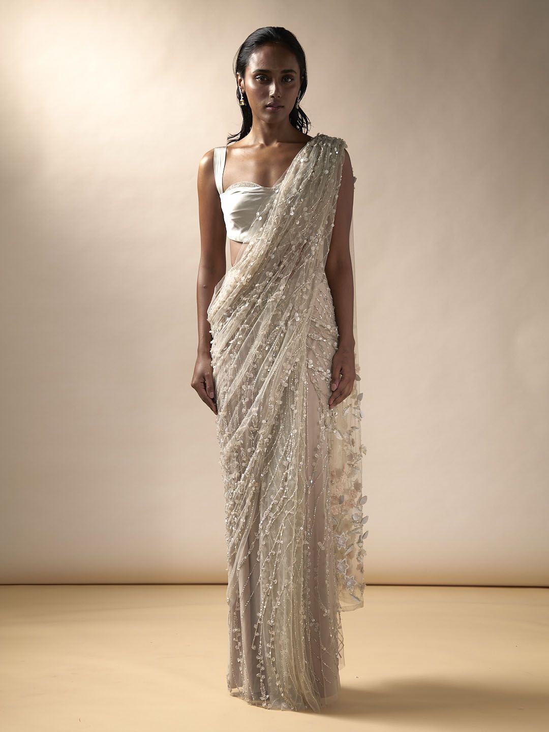 

ESHA SETHI THIRANI Embellished Beads and Stones Net Heavy Work Saree, Nude