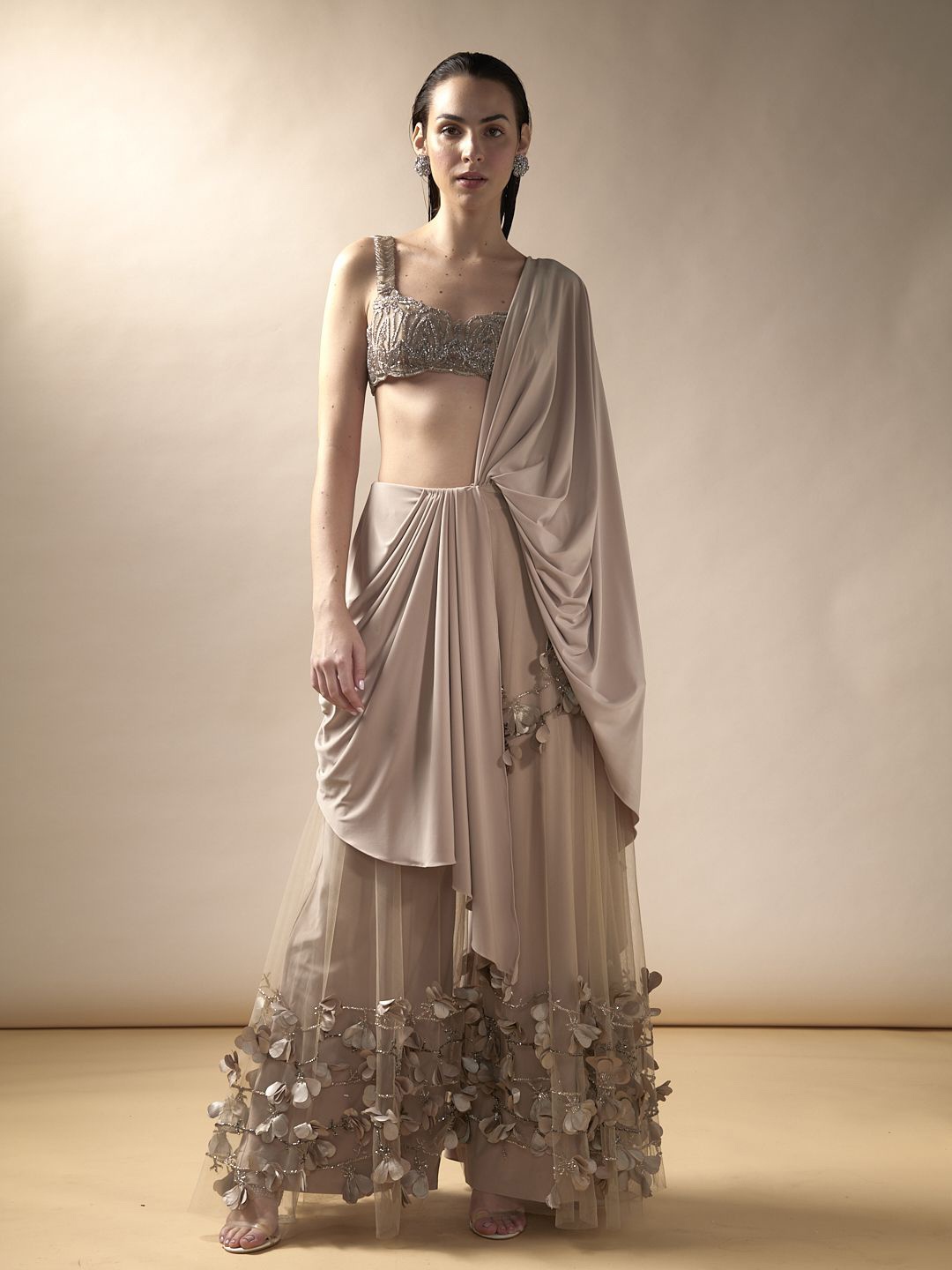 

ESHA SETHI THIRANI Embellished Beads and Stones Net Pant Saree, Nude
