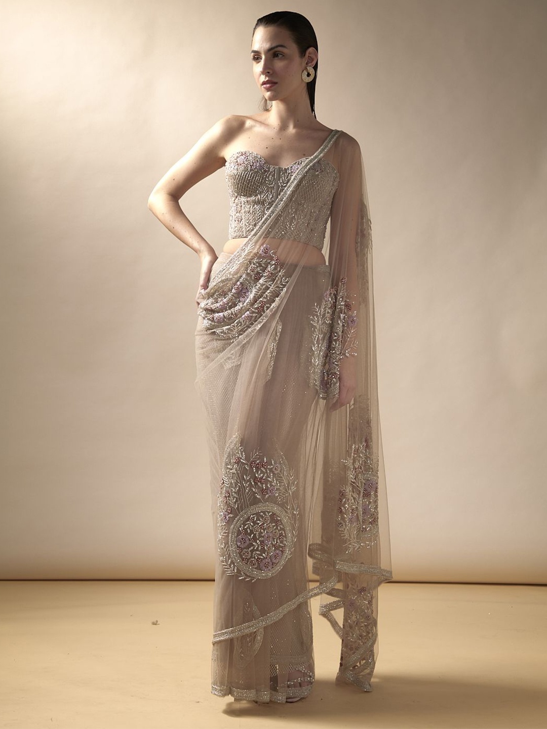 

ESHA SETHI THIRANI Embellished Embroidered Ready to wear Saree, Nude