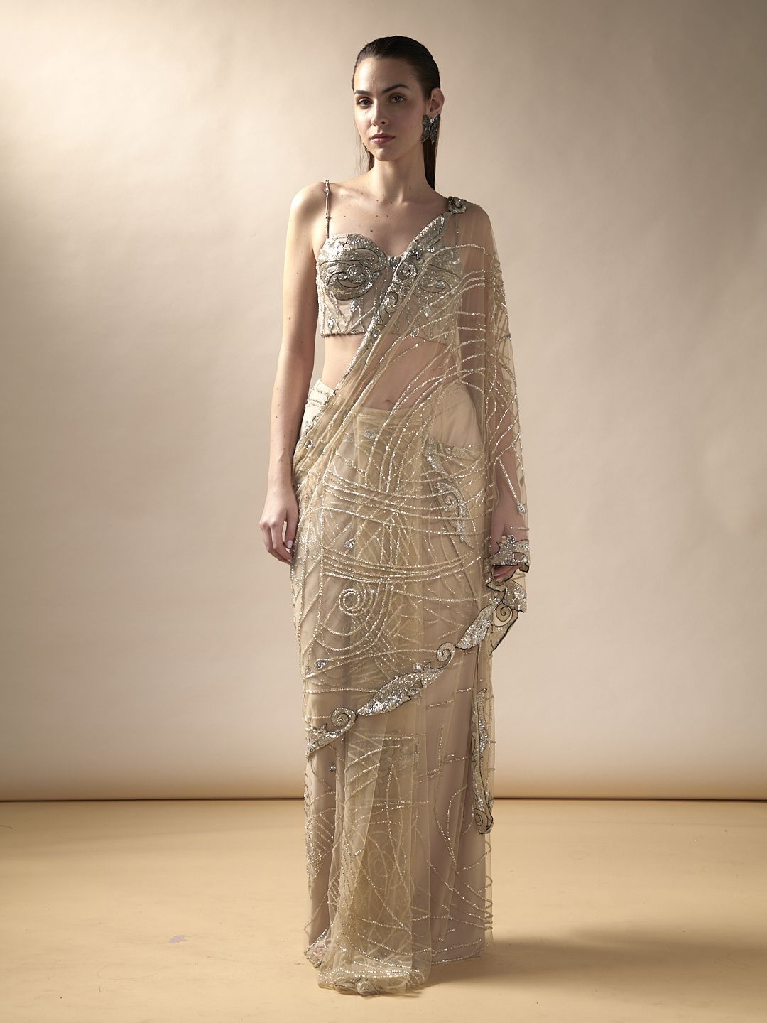 

ESHA SETHI THIRANI Embellished Embroidered Net Saree, Nude