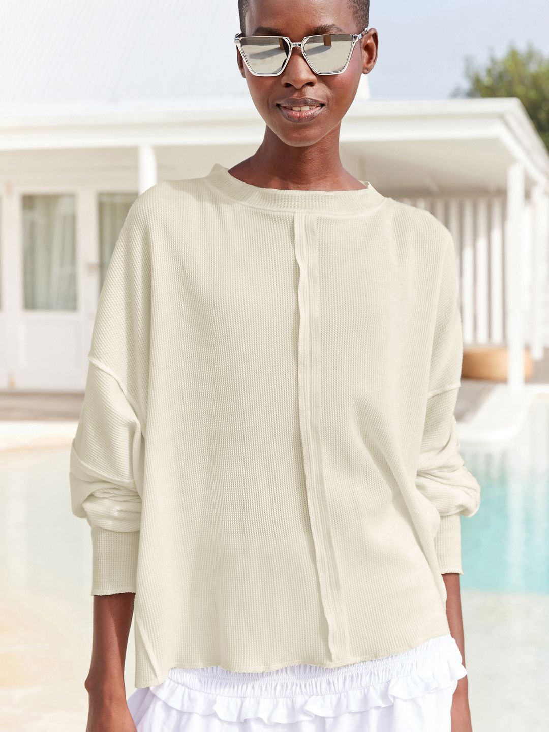 

NEXT Waffle Self Design Pure Cotton Longline Top, Off white
