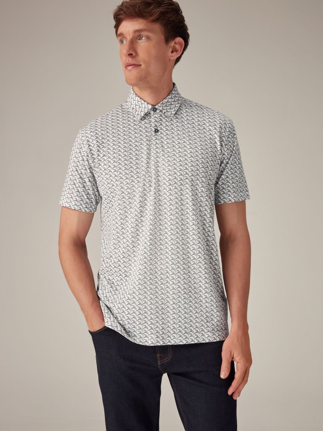 

NEXT Conversational Printed Polo Collar T-shirt, Grey