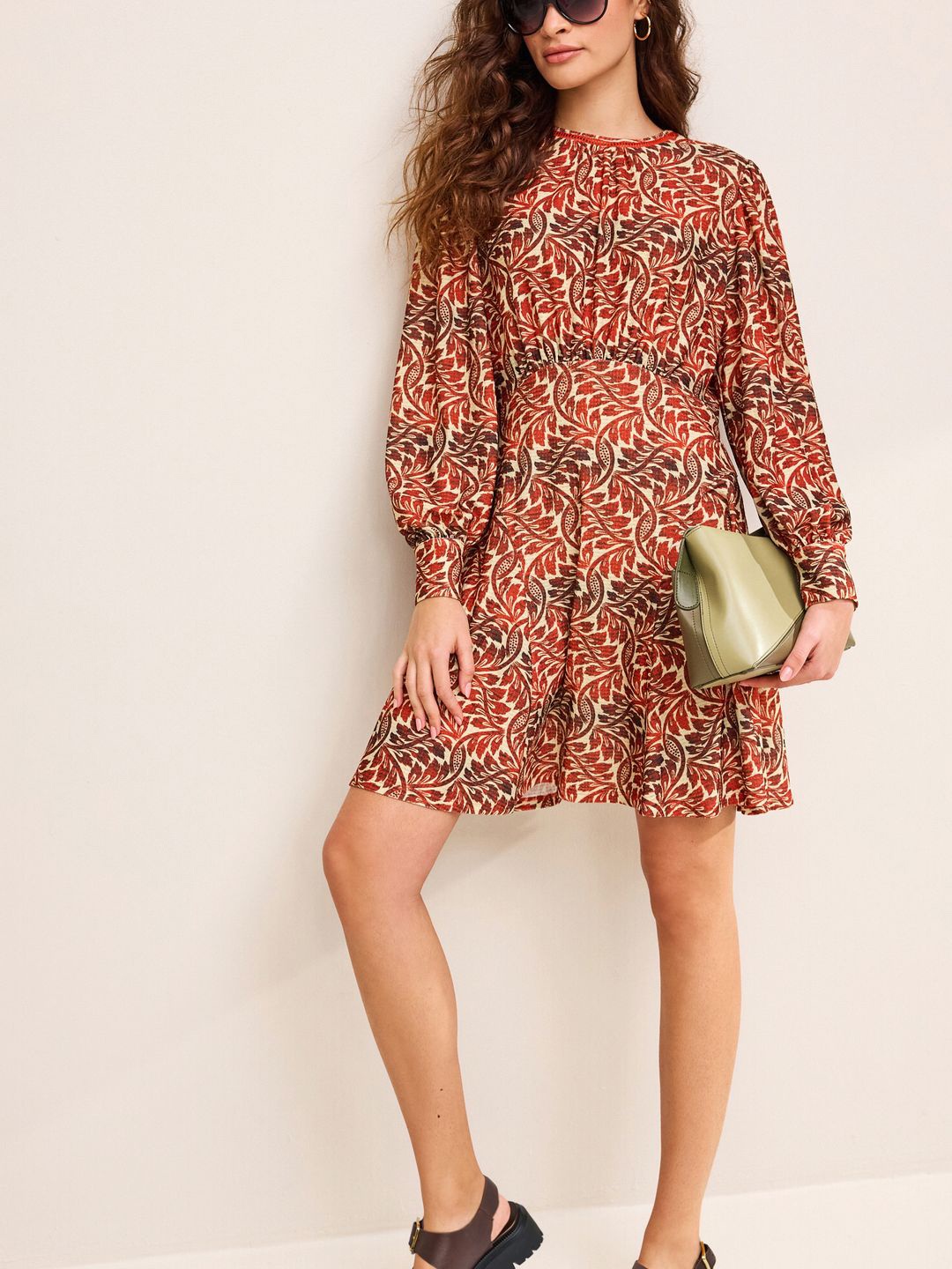

NEXT Floral Printed Cuffed Sleeves Gathered Detail A-Line Dress, Rust
