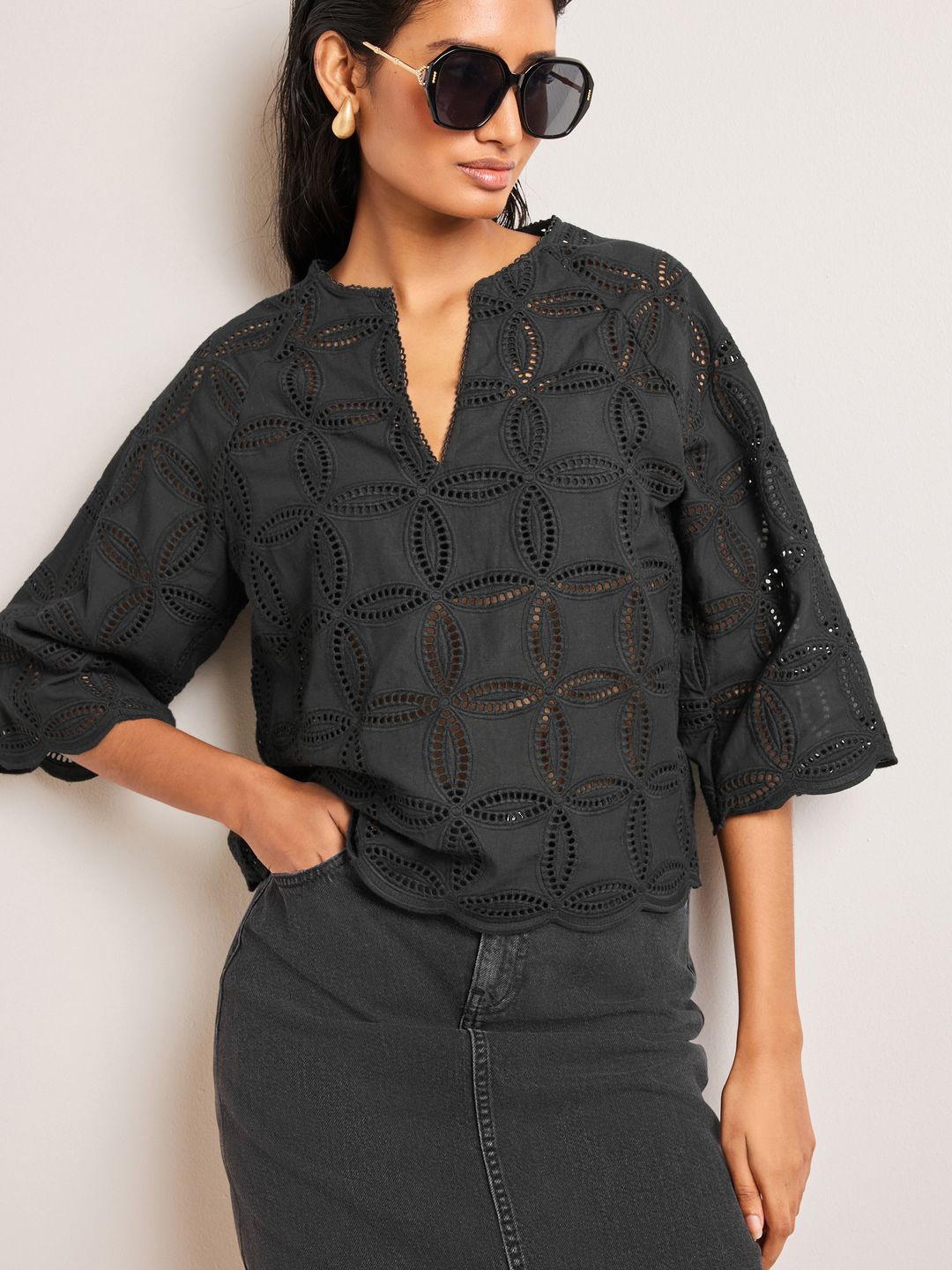 

NEXT Mandarin Collar Cotton Top, Black