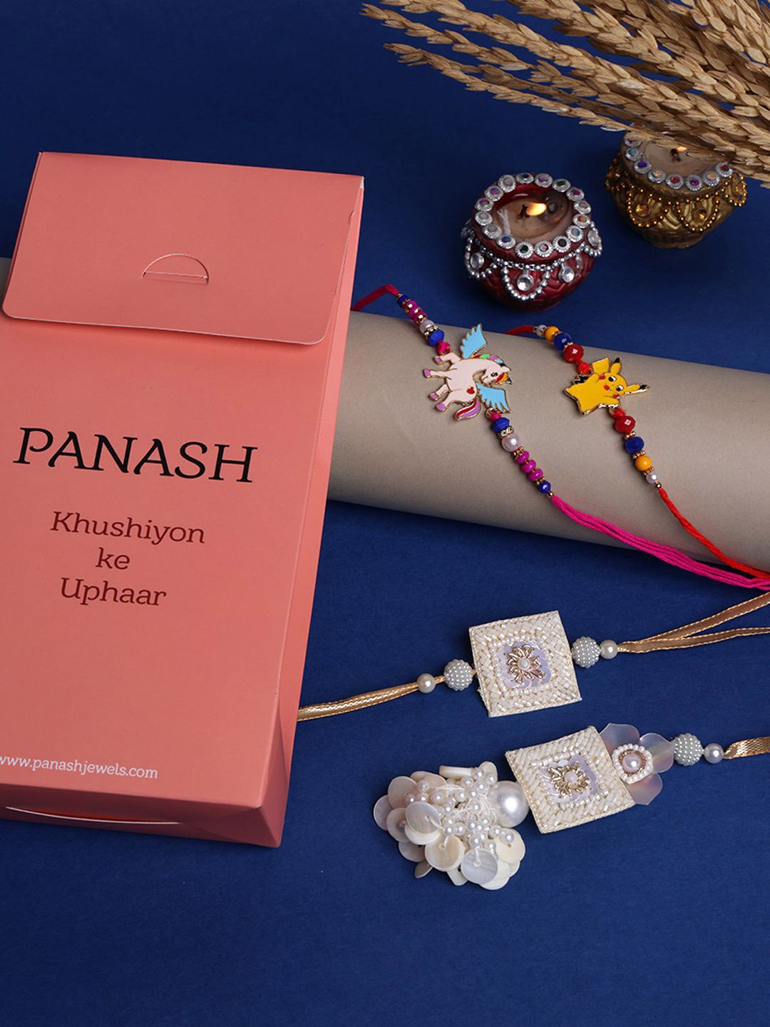 

PANASH Set Of 4 Beaded Beaded & Stone Studded Rakhis & Roli Chawal, Gold