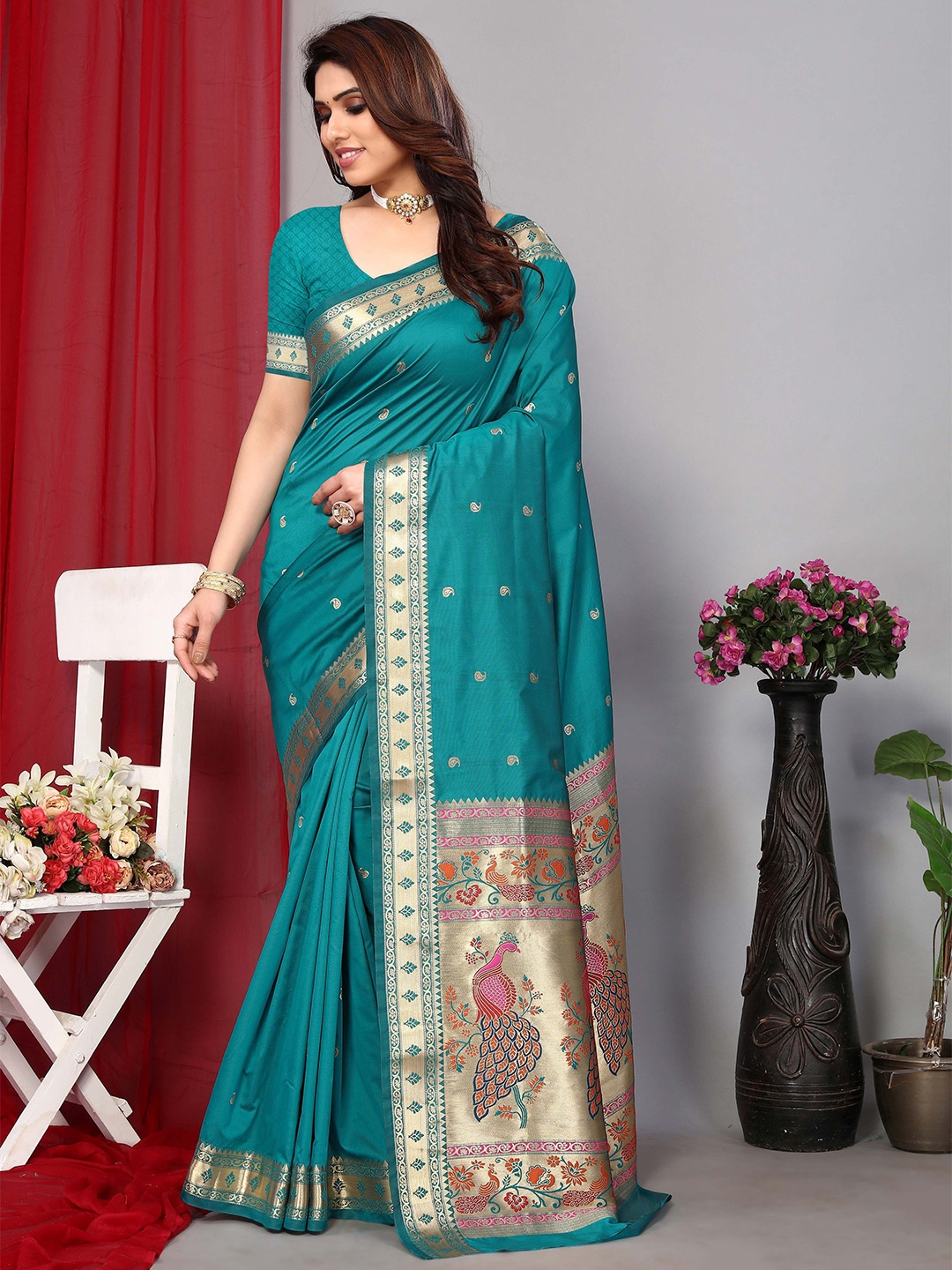 

HEER FASHION Woven Design Zari Paithani Saree, Sea green