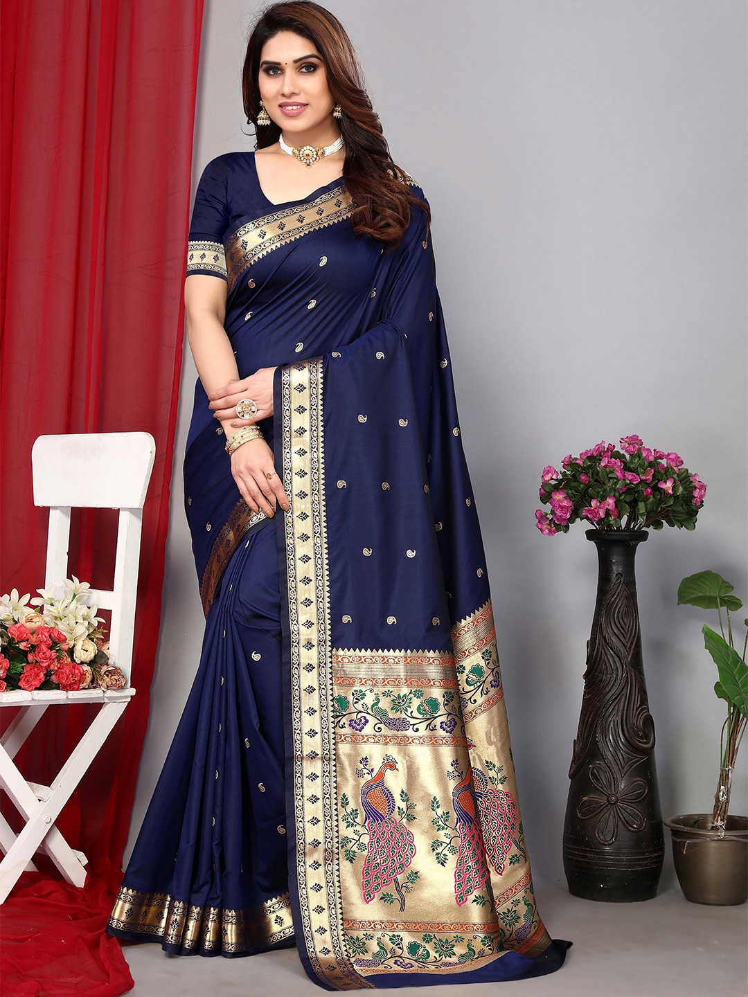 

HEER FASHION Woven Design Zari Paithani Saree, Navy blue