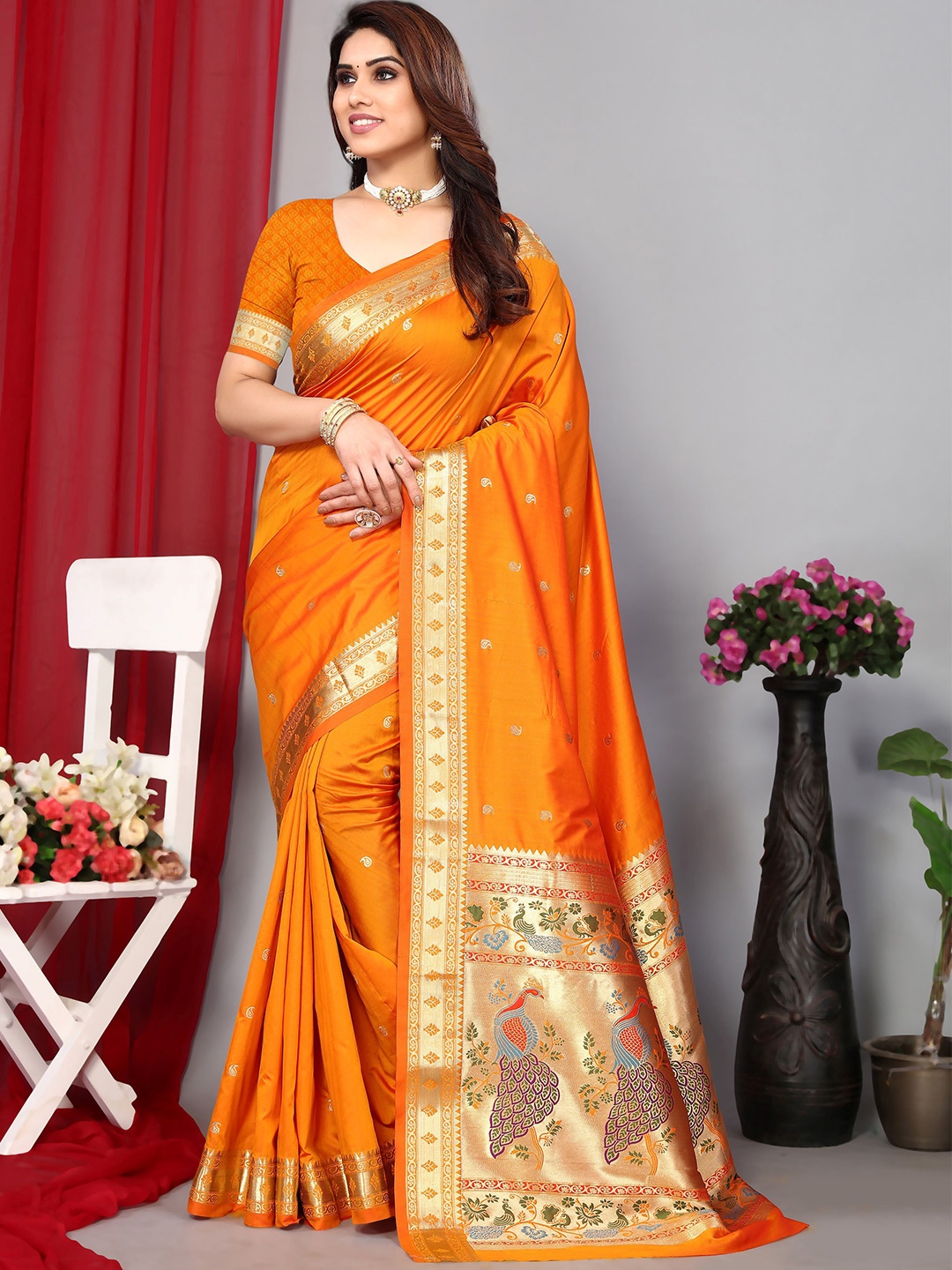 

HEER FASHION Woven Design Zari Paithani Saree, Orange