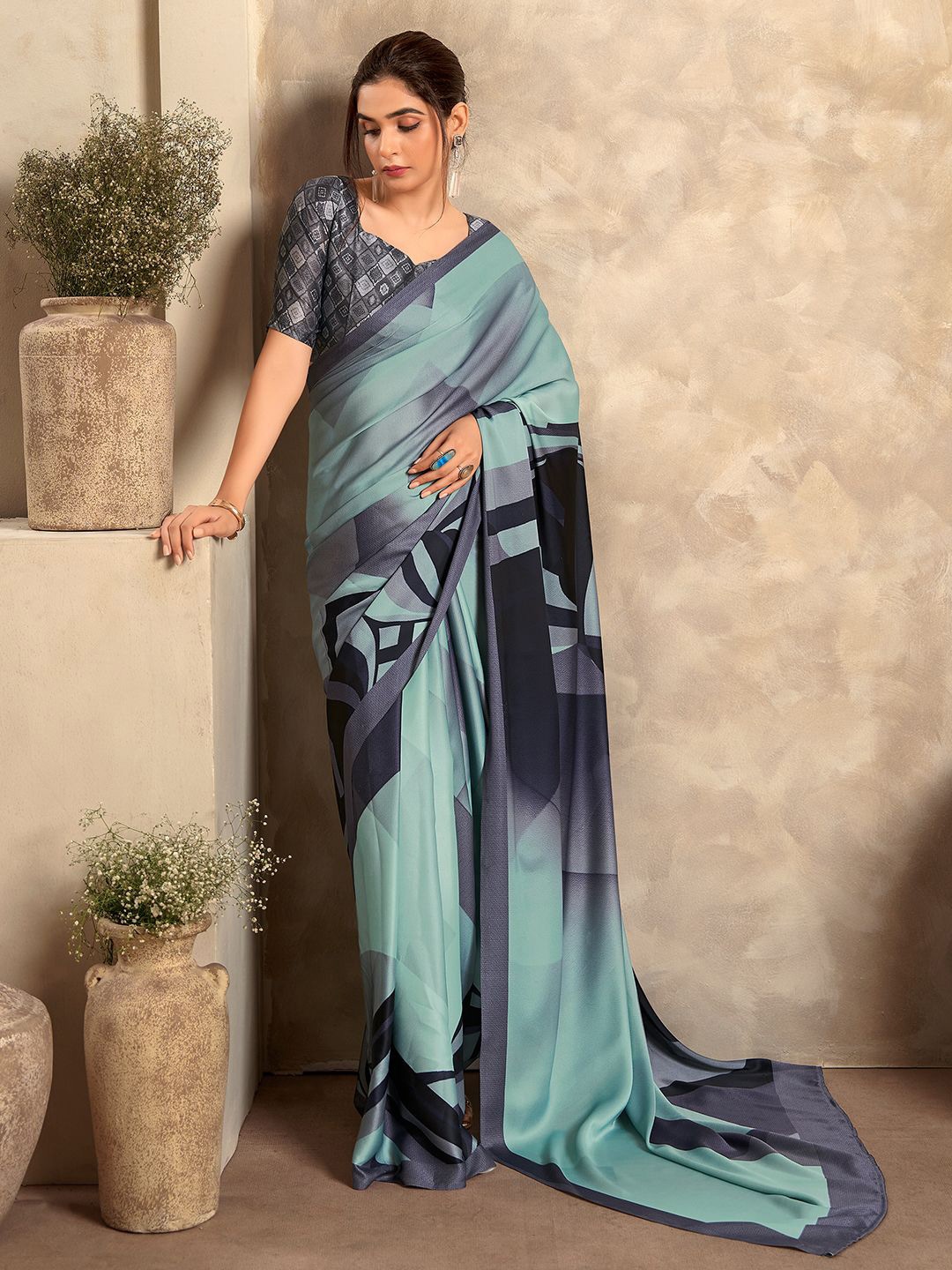 

Panzora Floral Satin Saree, Blue