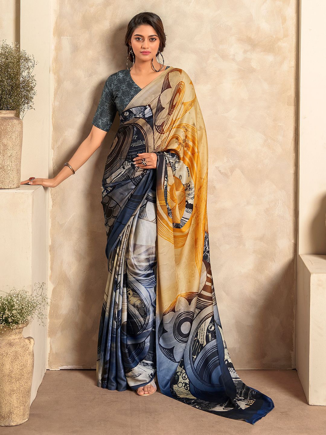 

Panzora Floral Printed Satin Saree, Yellow