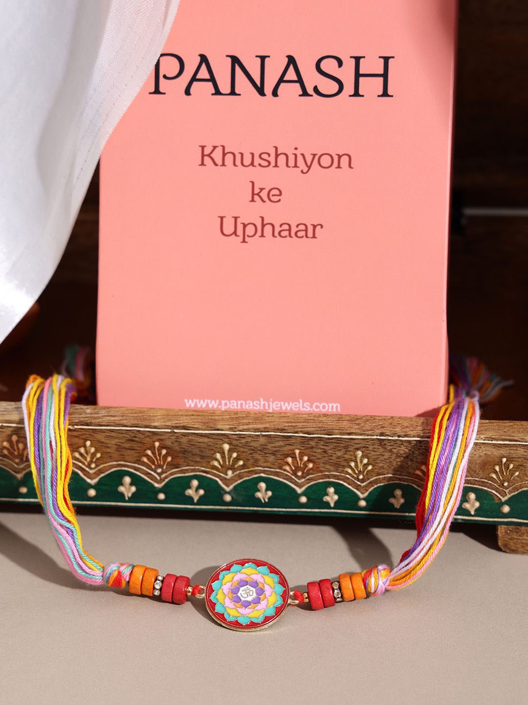

PANASH Gold-Plated Stone Studded Thread Rakhi With Roli Chawal