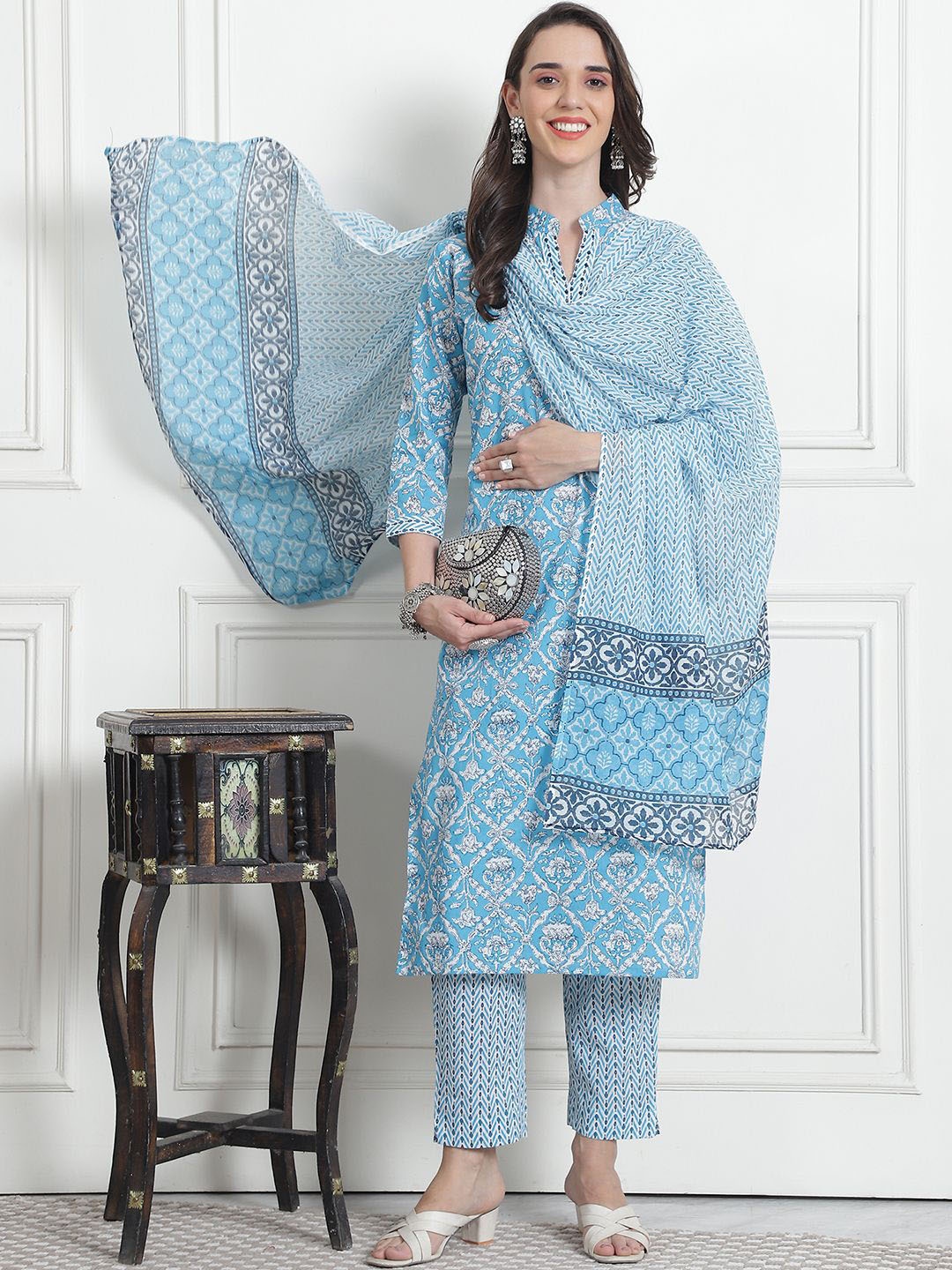

Aawari Floral Printed Mandarin Collar Pure Cotton Straight Kurta With Trousers & Dupatta, Blue