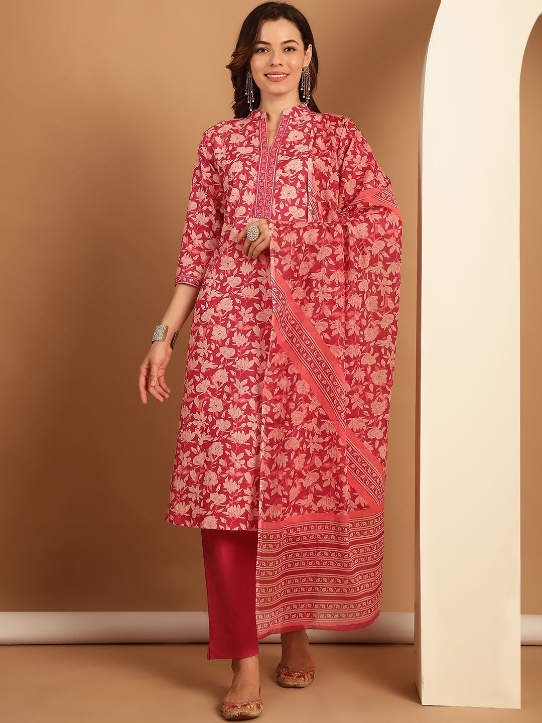 

Aawari Floral Printed Sequinned Pure Cotton Straight Kurta With Trousers & Dupatta, Red