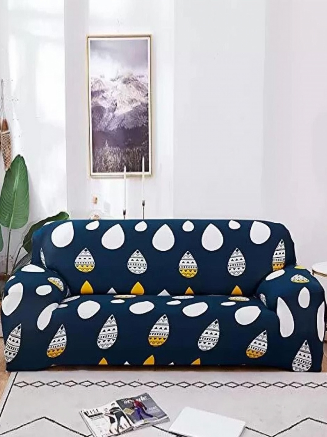 

B BESTILO Blue & White Printed Elasticated 3 Seater Sofa Cover With Arms