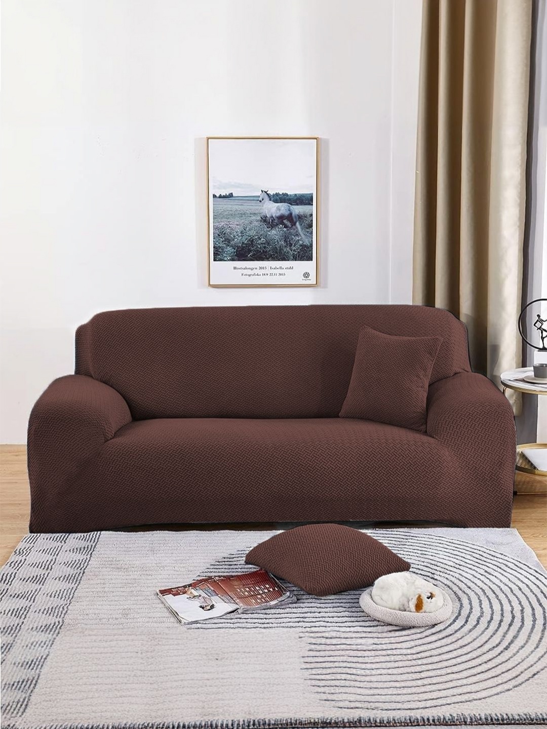 

B BESTILO Brown Self Design Triple Seater Sofa Cover With Arms