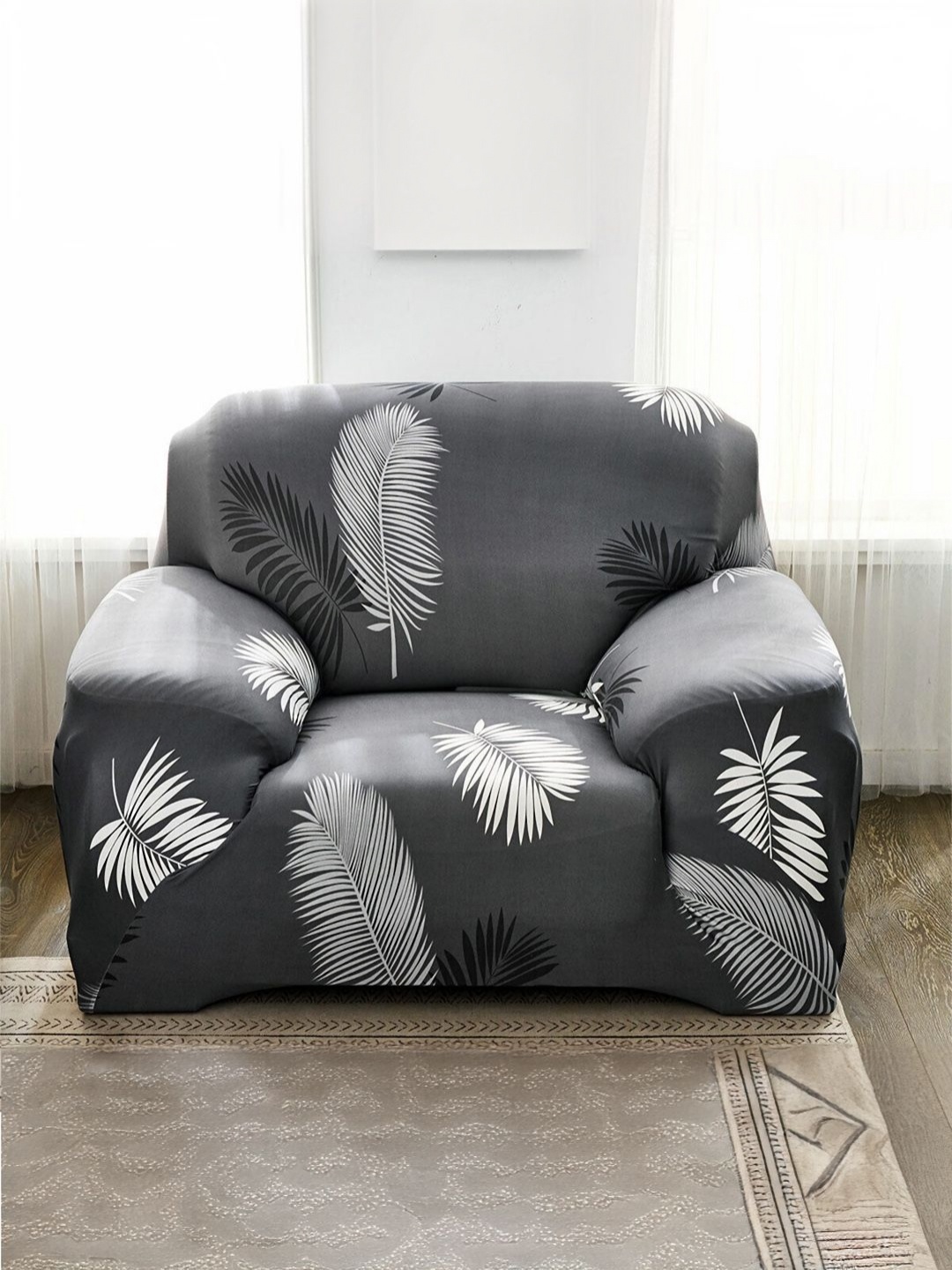 

B BESTILO Grey & White Printed Elasticated 1 Seater Sofa Cover With Arms
