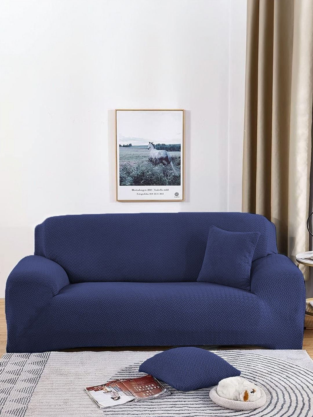 

B BESTILO Navy Blue Self Design Elasticated 3 Seater Sofa Cover With Arms