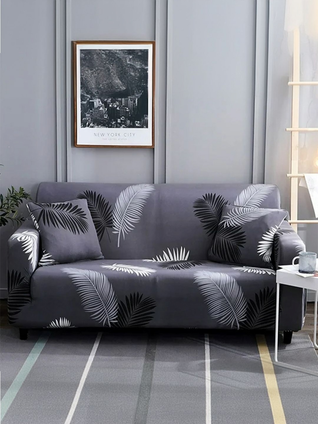 

B BESTILO Grey & White Self Design Triple Seater Sofa Cover With Arms