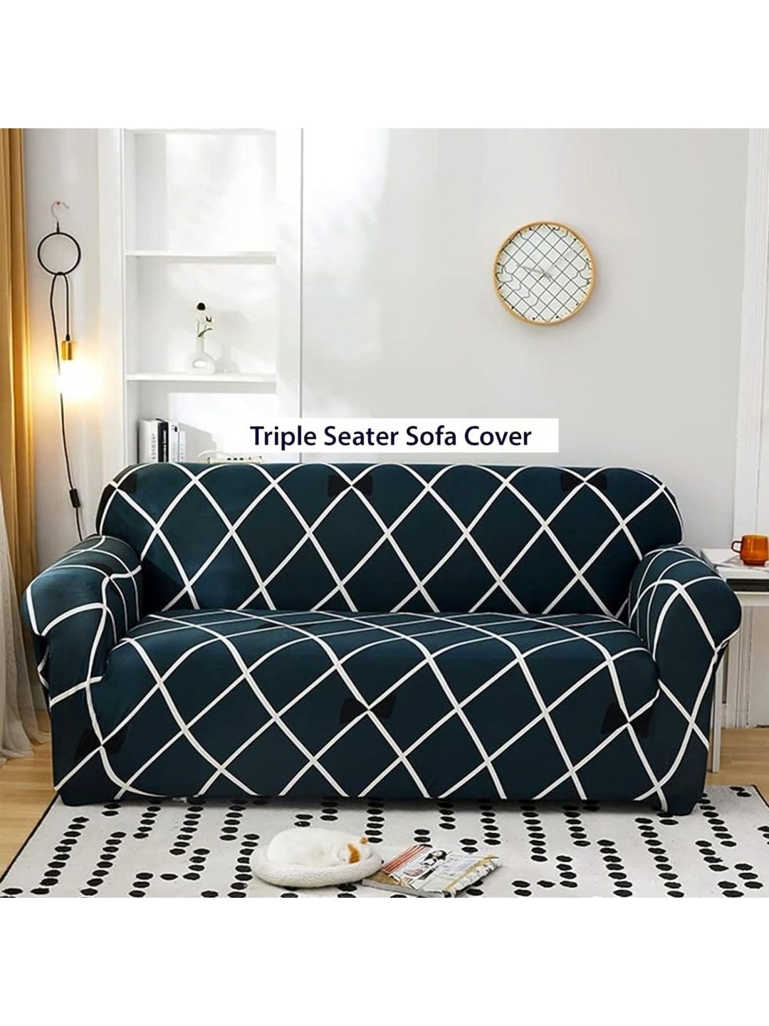 

B BESTILO Blue & White Checked Elasticated 3 Seater Sofa Cover With Arms