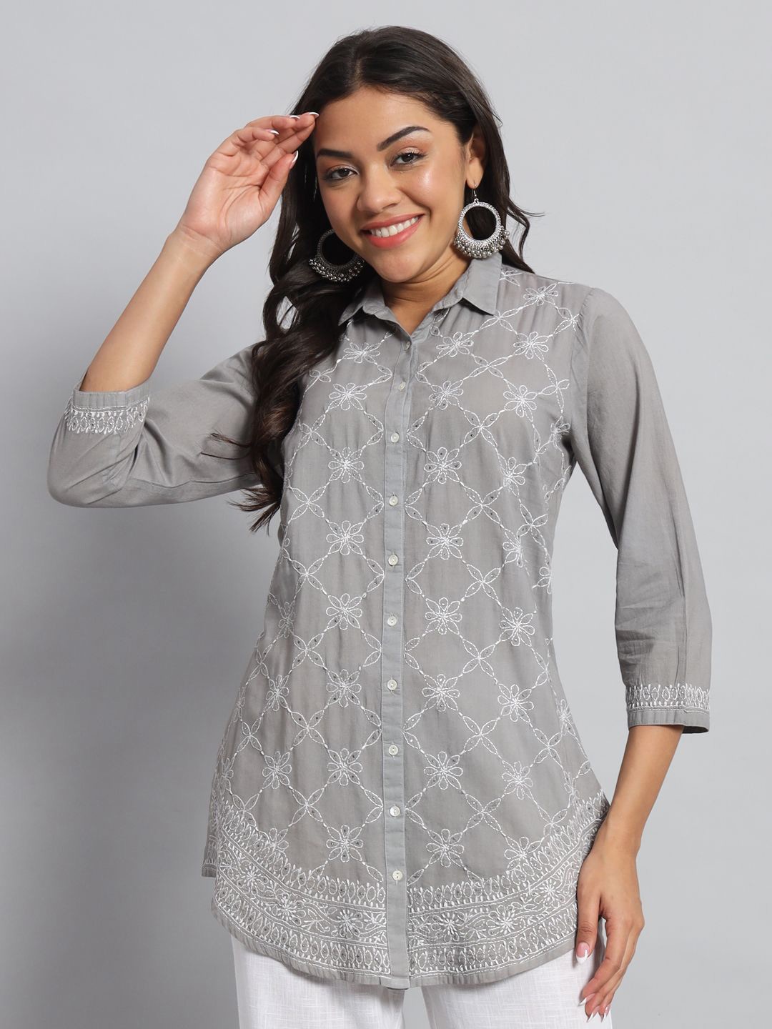 

akheri Geometric Print Puff Sleeve Cotton Top, Grey