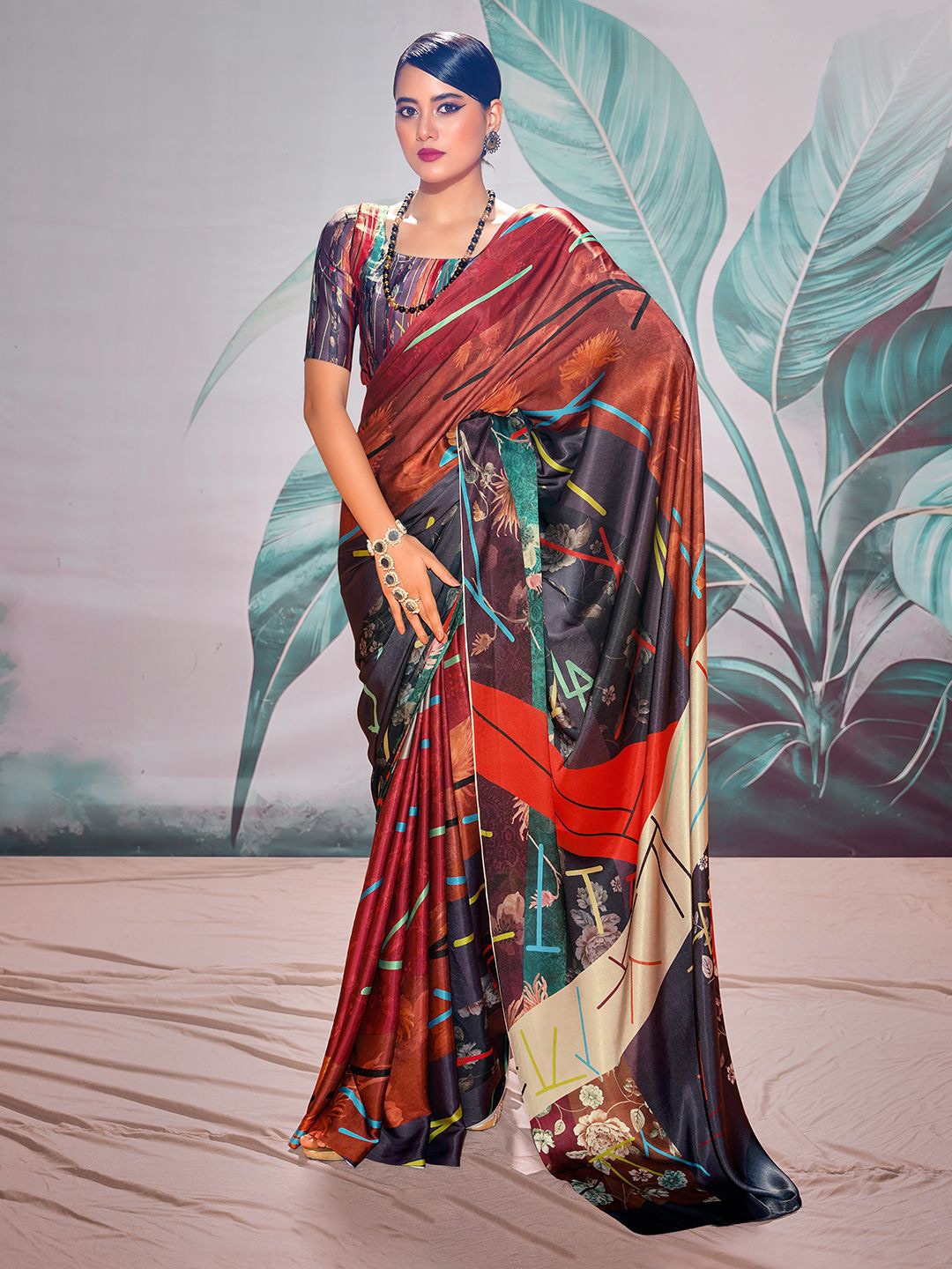 

Panzora Printed Satin Saree With Blouse Piece, Red