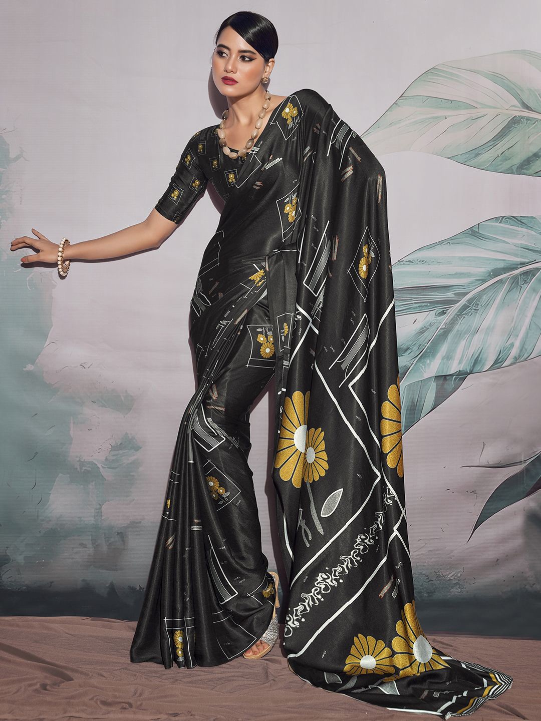 

Panzora Women Floral Pinted Satin Saree, Black