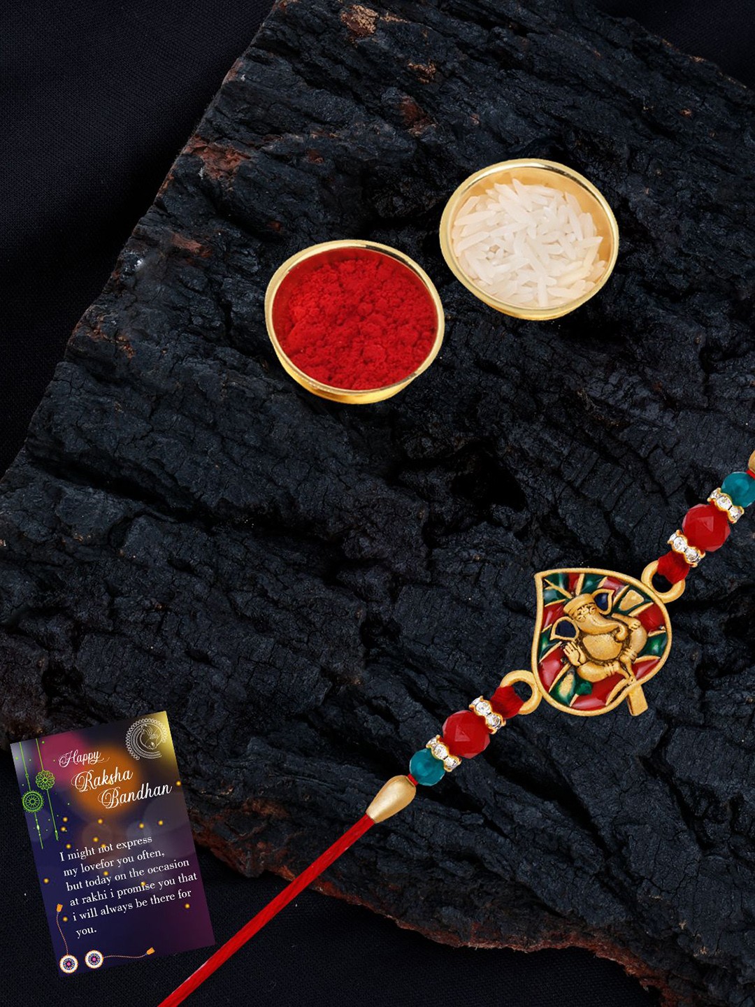 

Silver Shine Set of 2 Beaded Rakhis with Roli Chawal & Greeting Card, Gold