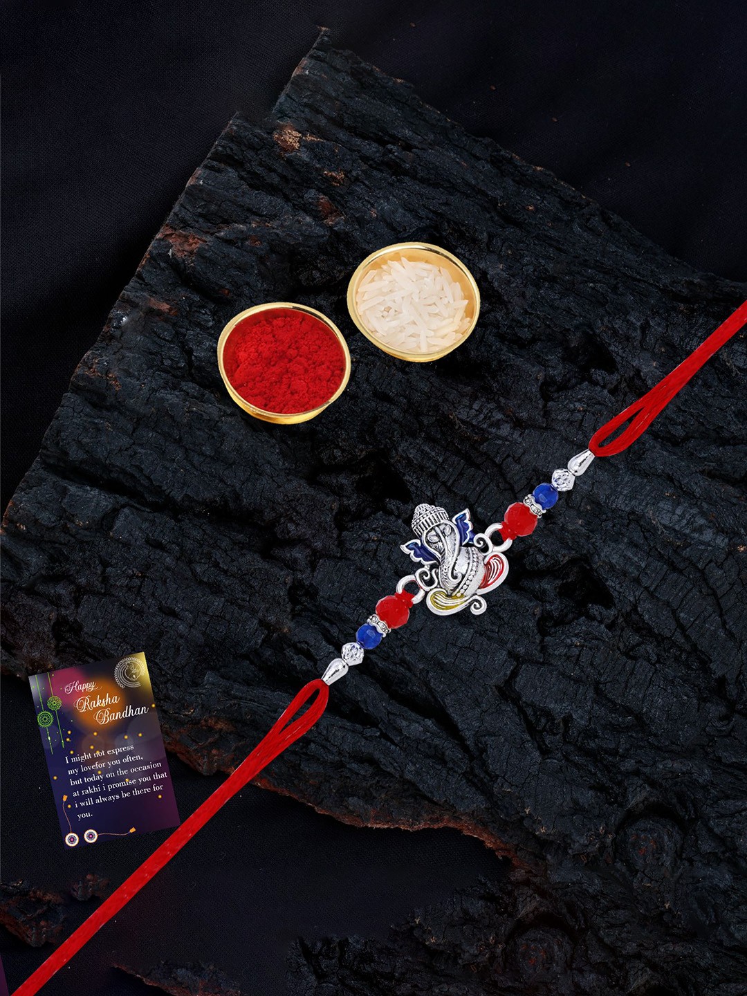 

Silver Shine Set Of 2 Beaded and Ganesha Thread Rakhis with Greeting Card & Roli Chawal, Gold