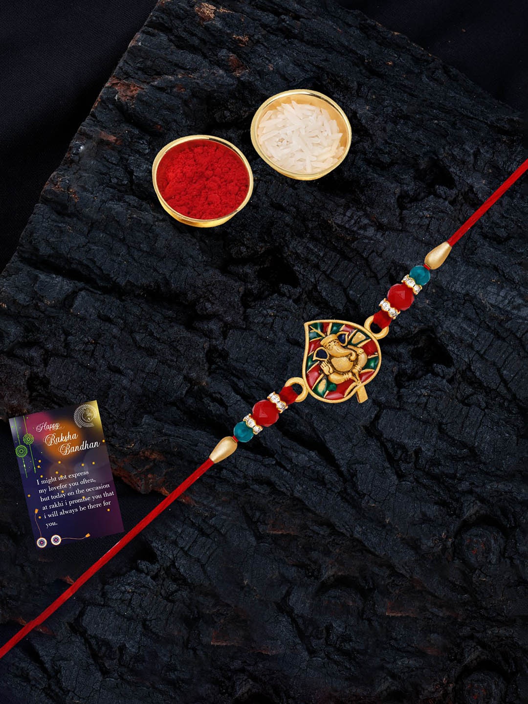

Silver Shine Set Of 2 Beaded Rakhis with Roli Chawal & Greeting Card, Red