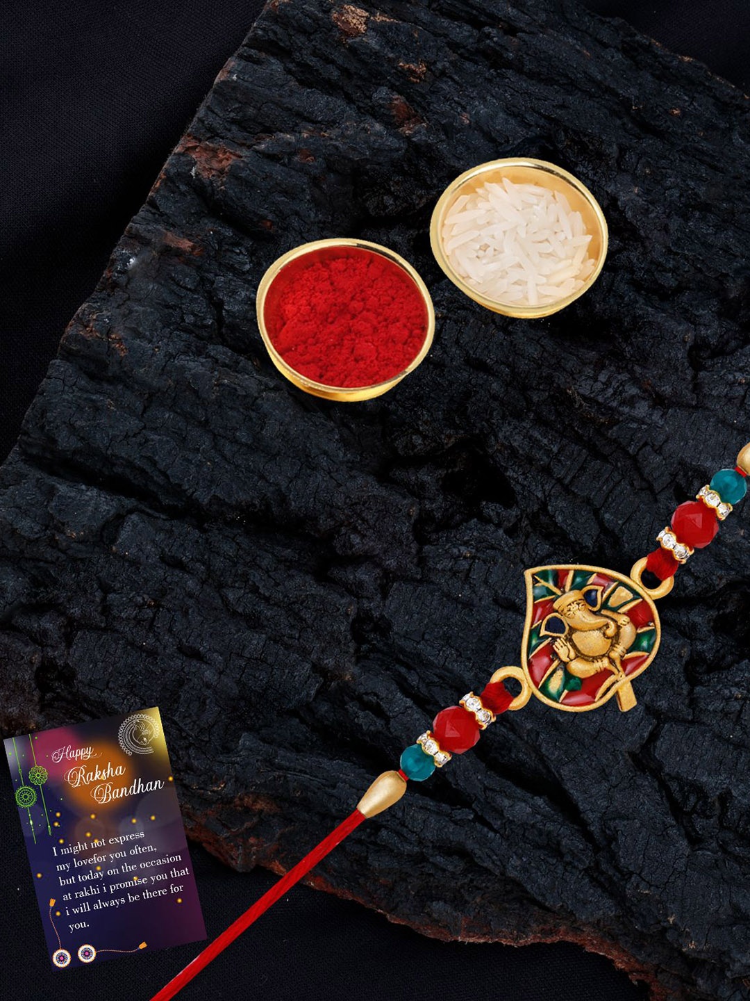 

Silver Shine Set Of 2 Beaded Rakhis with Roli Chawal & Greeting Card, Red