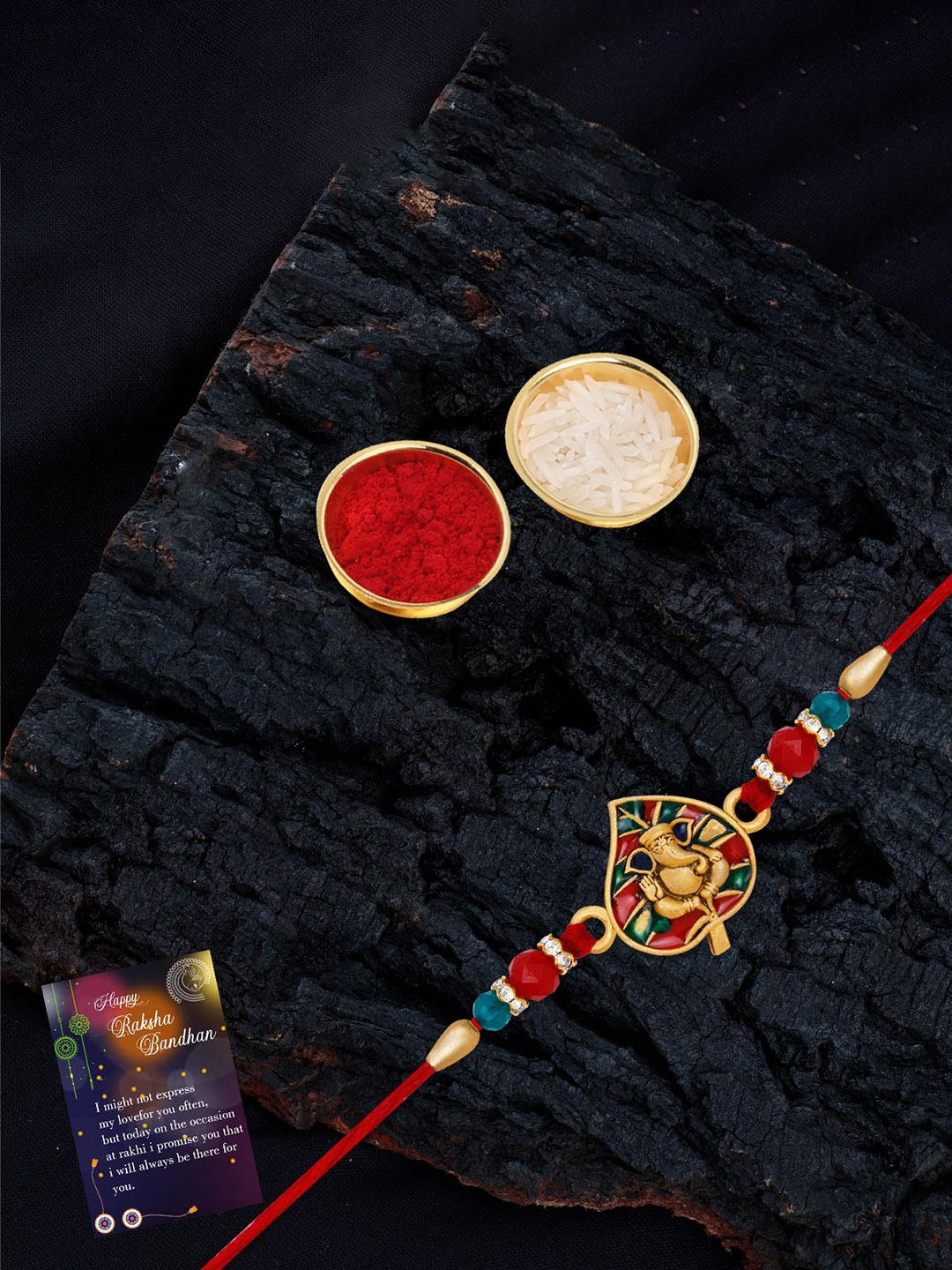 

Silver Shine Bhaiya Bhabhi Rakhi With Greeting Card & Roli Chawal, Gold