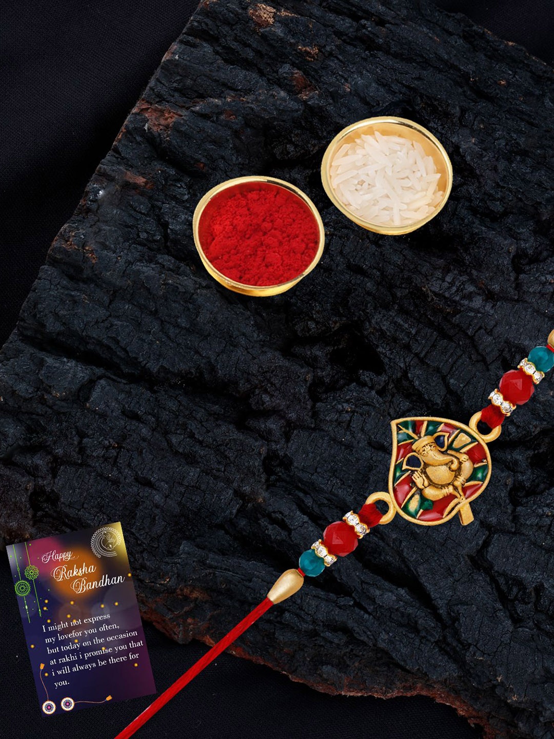 

Silver Shine Set Of 2 Beaded Rakhis with Roli Chawal & Greeting Card, Red