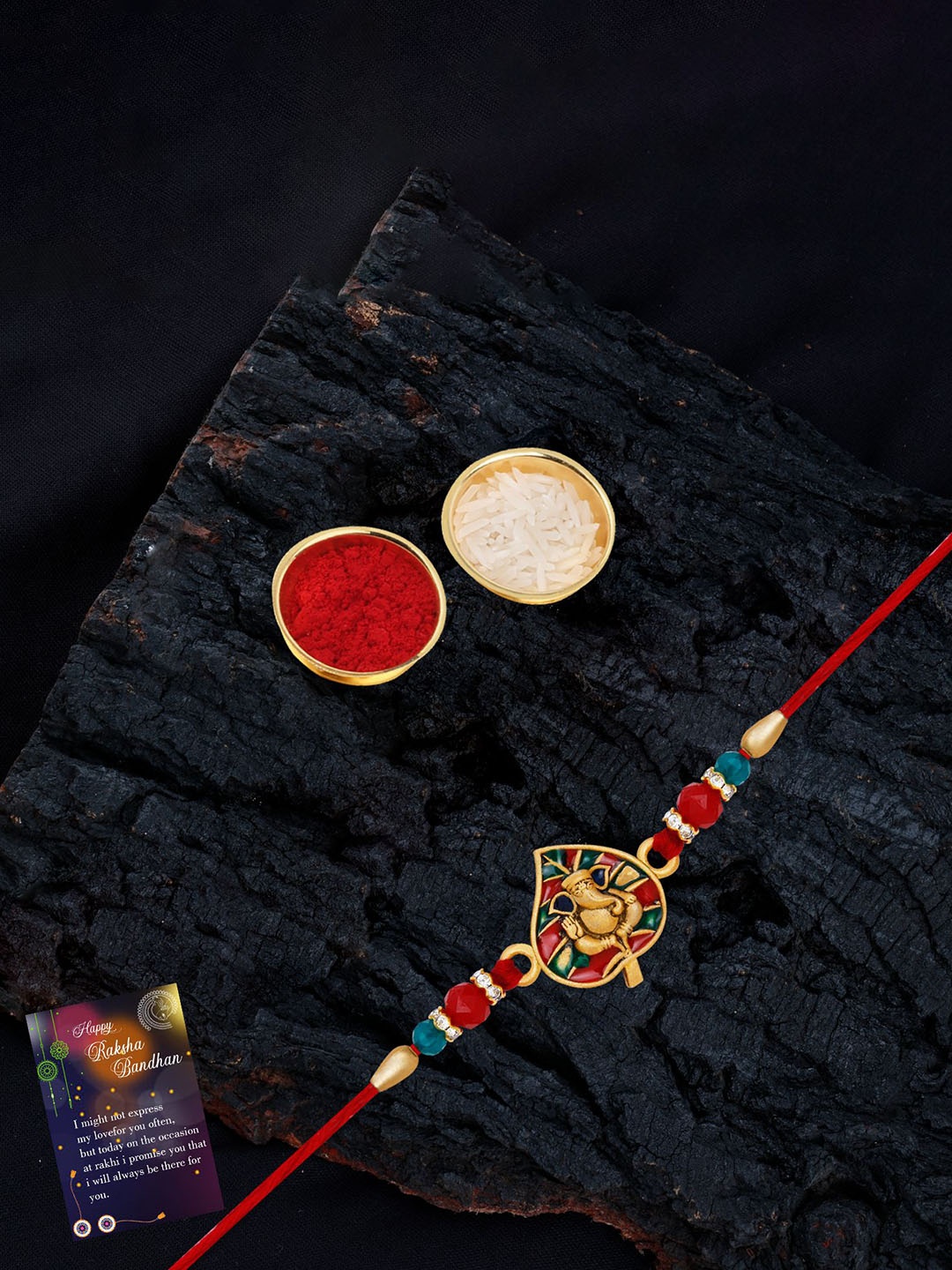 

Silver Shine Set Of 2 Beaded Rakhis with Roli Chawal & Greeting Card, Red