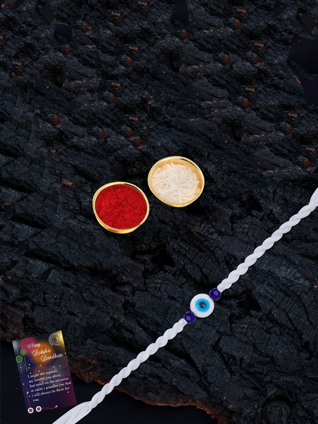 

Silver Shine Set Of 2 Evil Eye Beaded Thread Rakhis with Greeting Card & Roli Chawal