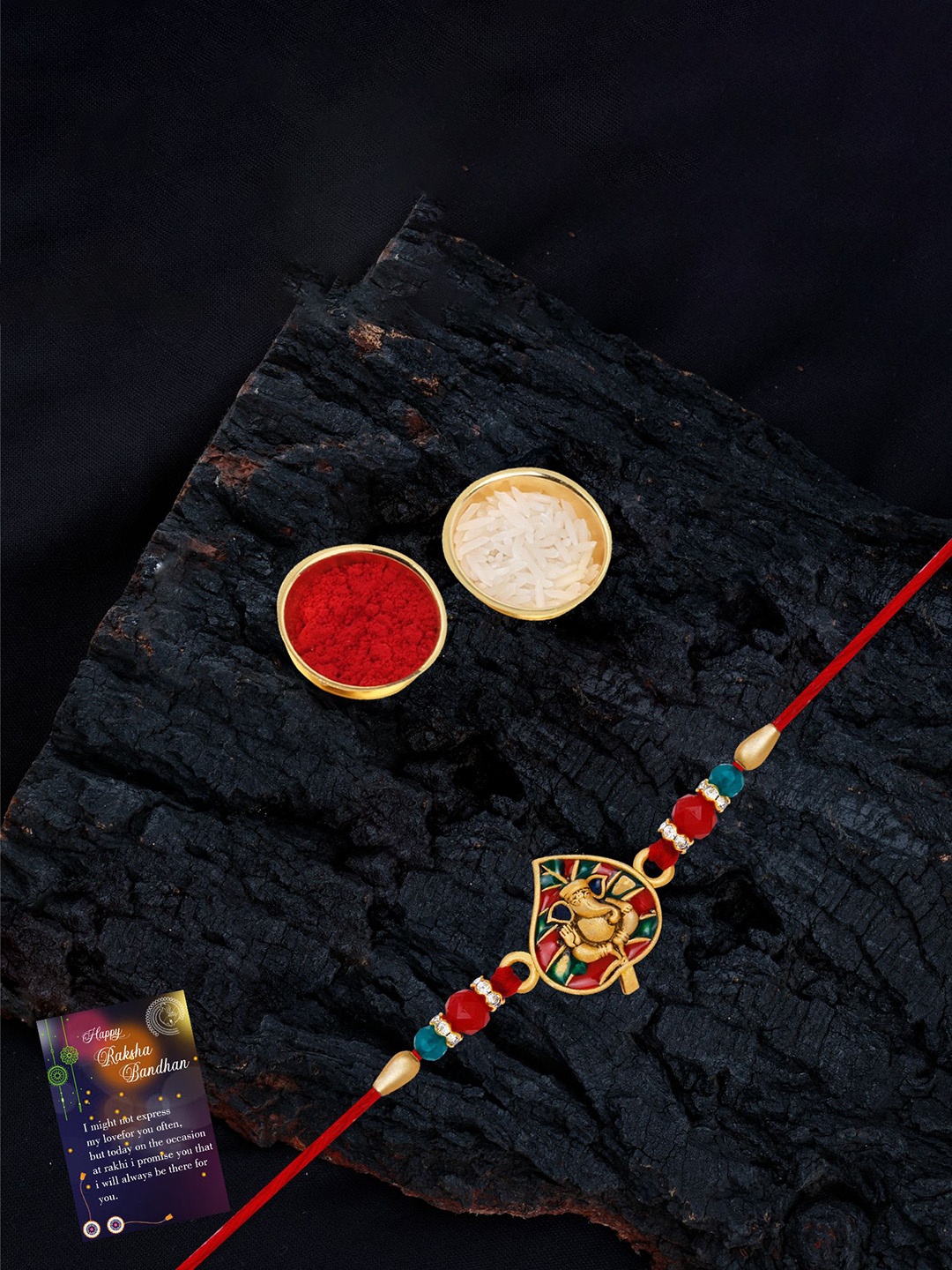 

Silver Shine 2-Pcs Bhaiya And Bhabhi Rakhi With Greeting Card & Roli Chawal, Gold