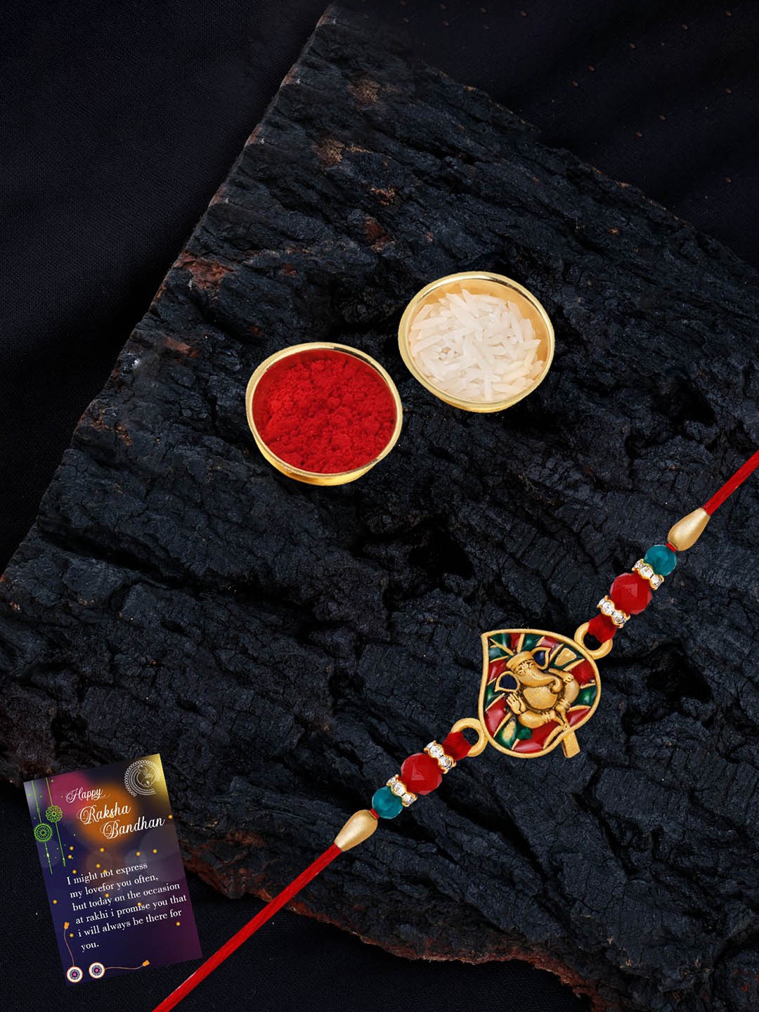 

Silver Shine Bhaiya Bhabhi Rakhi With Roli Chawal, Red