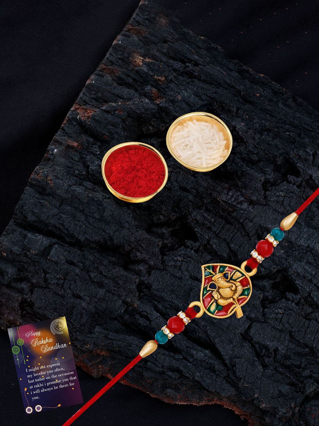 

Silver Shine Set Of 2 Beaded and Ganesha Thread Rakhis with Greeting Card & Roli Chawal, Gold