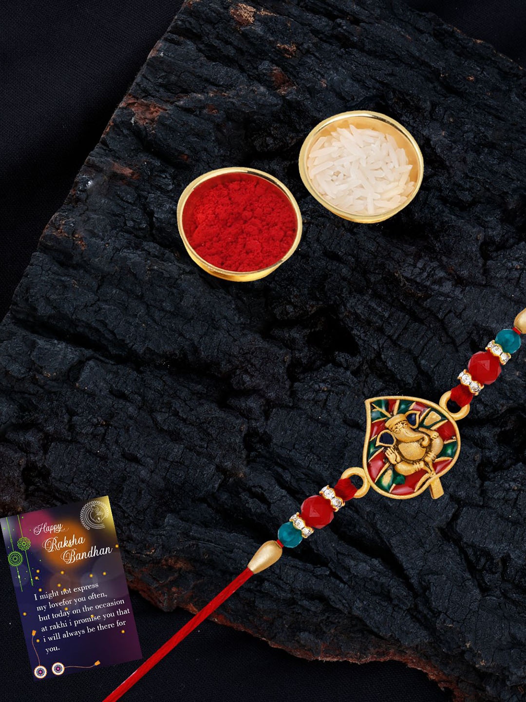 

Silver Shine 2-Pcs Bhaiya And Bhabhi Rakhi With Greeting Card & Roli Chawal, Gold